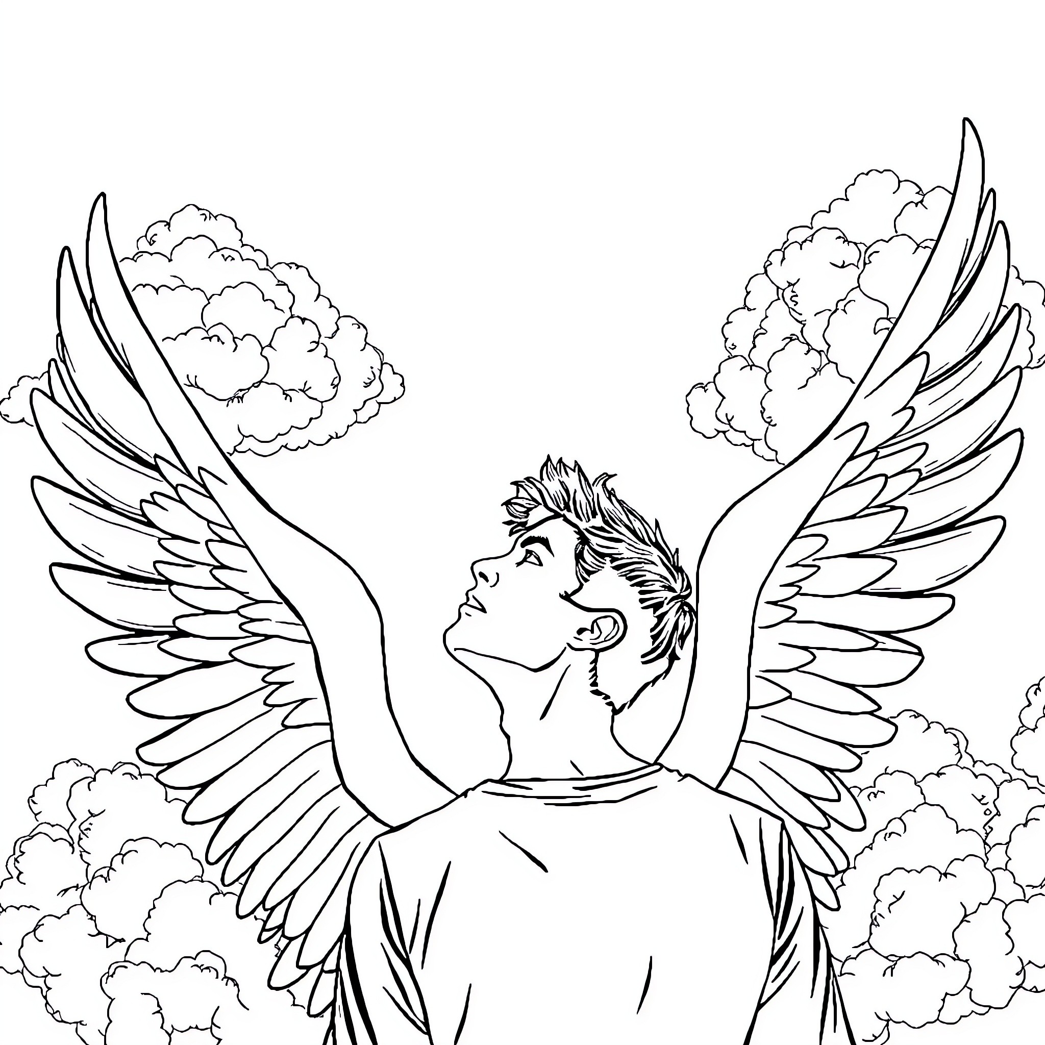 Angel soaring gracefully through the clouds Coloring Page (free black-and-white line drawing printable PDF for all, from beginners to advanced learners, including children, teens, adults, and seniors)