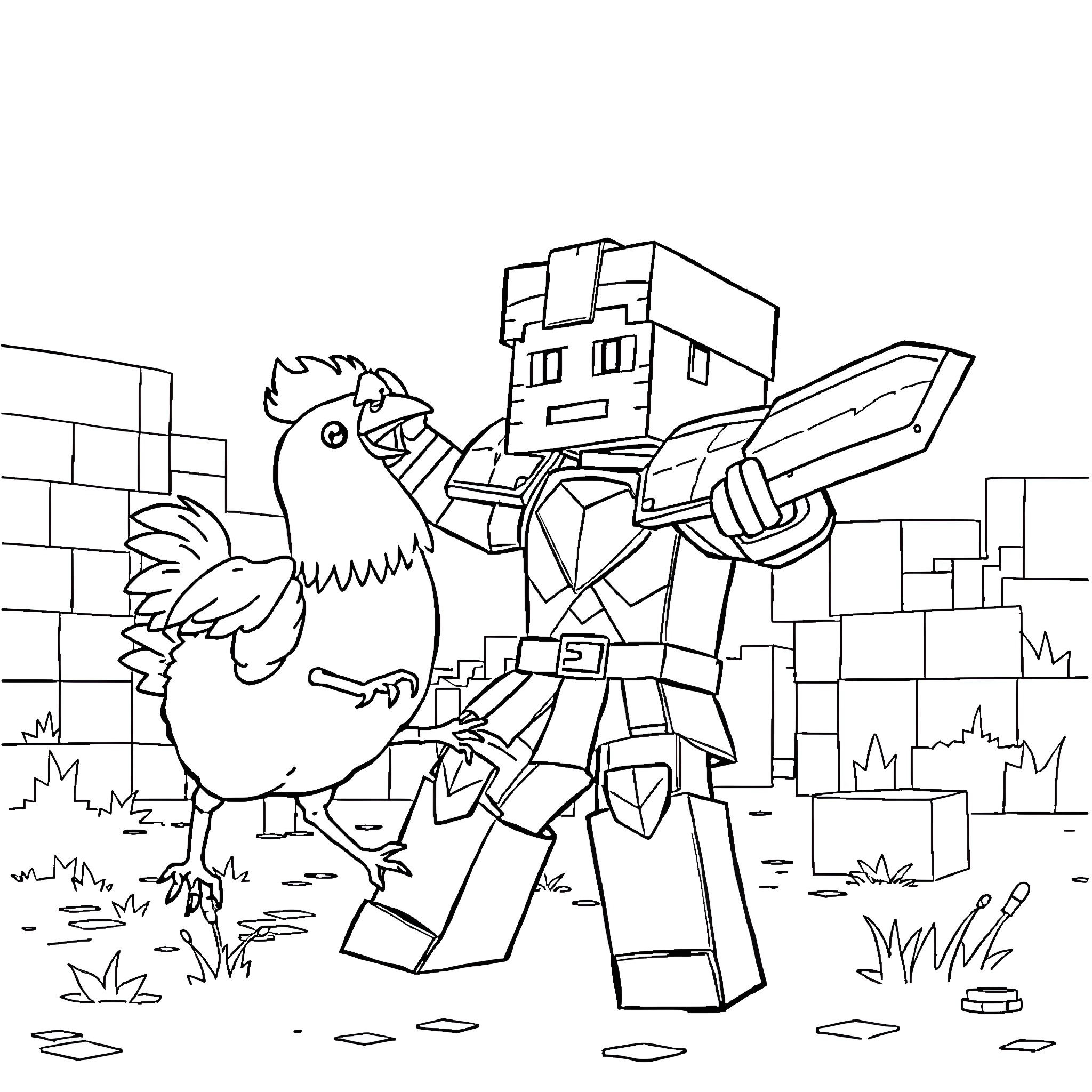 Steve Conquering a Pixel Chicken in a Blocky World Coloring Page (free black-and-white line drawing printable PDF for all, from beginners to advanced learners, including children, teens, adults, and seniors)