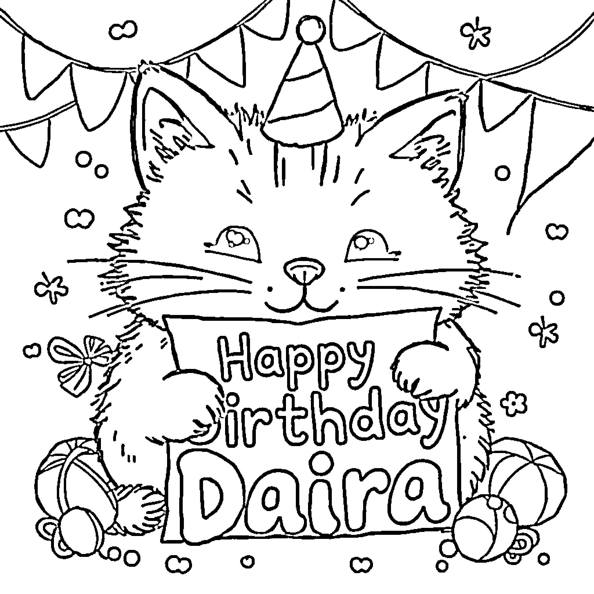 Pusheen celebrates Daira's birthday with party decorations Coloring Page (free black-and-white line drawing printable PDF for all, from beginners to advanced learners, including children, teens, adults, and seniors)