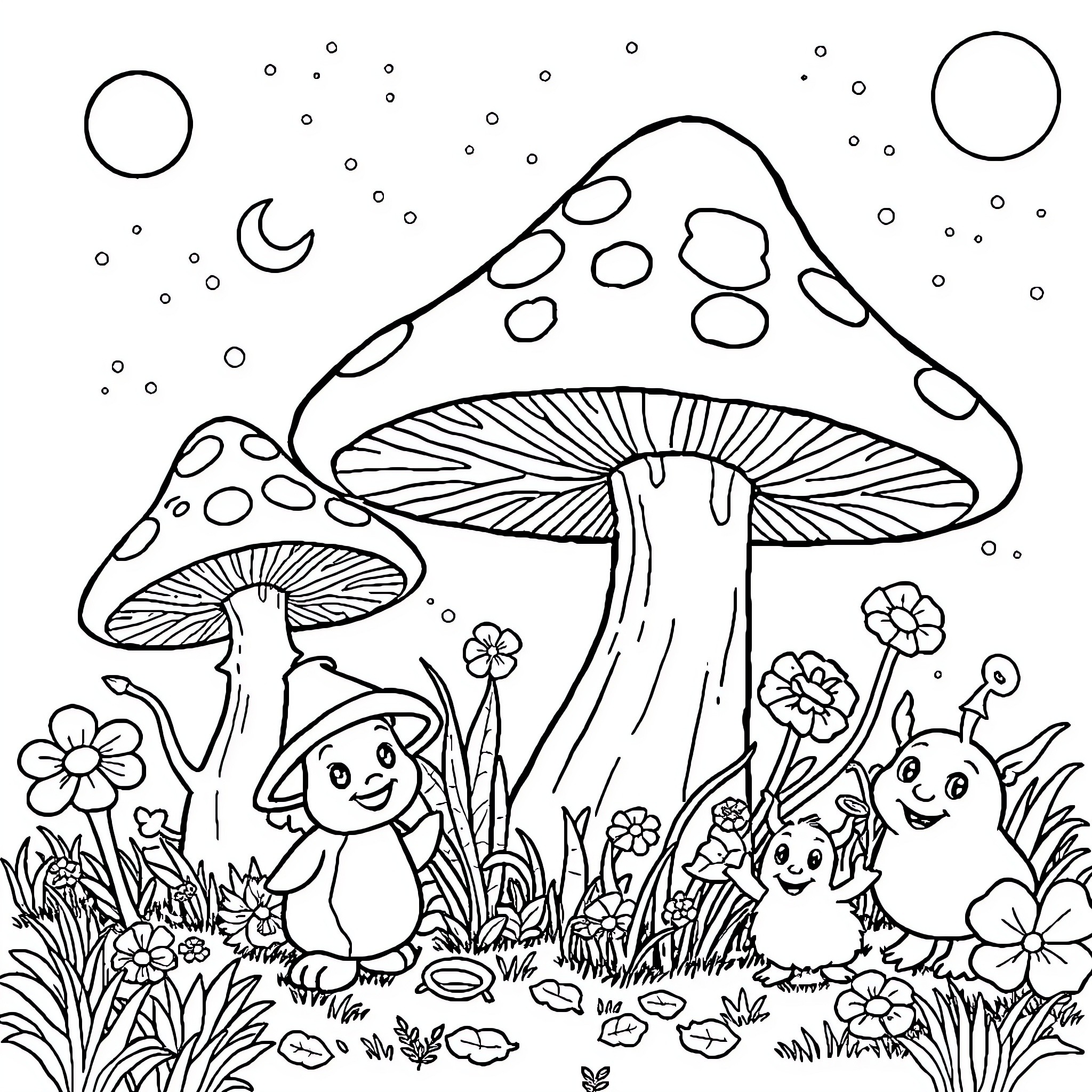Mushroom Fantasy with Playful Creatures Coloring Page (free black-and-white line drawing printable PDF for all, from beginners to advanced learners, including children, teens, adults, and seniors)