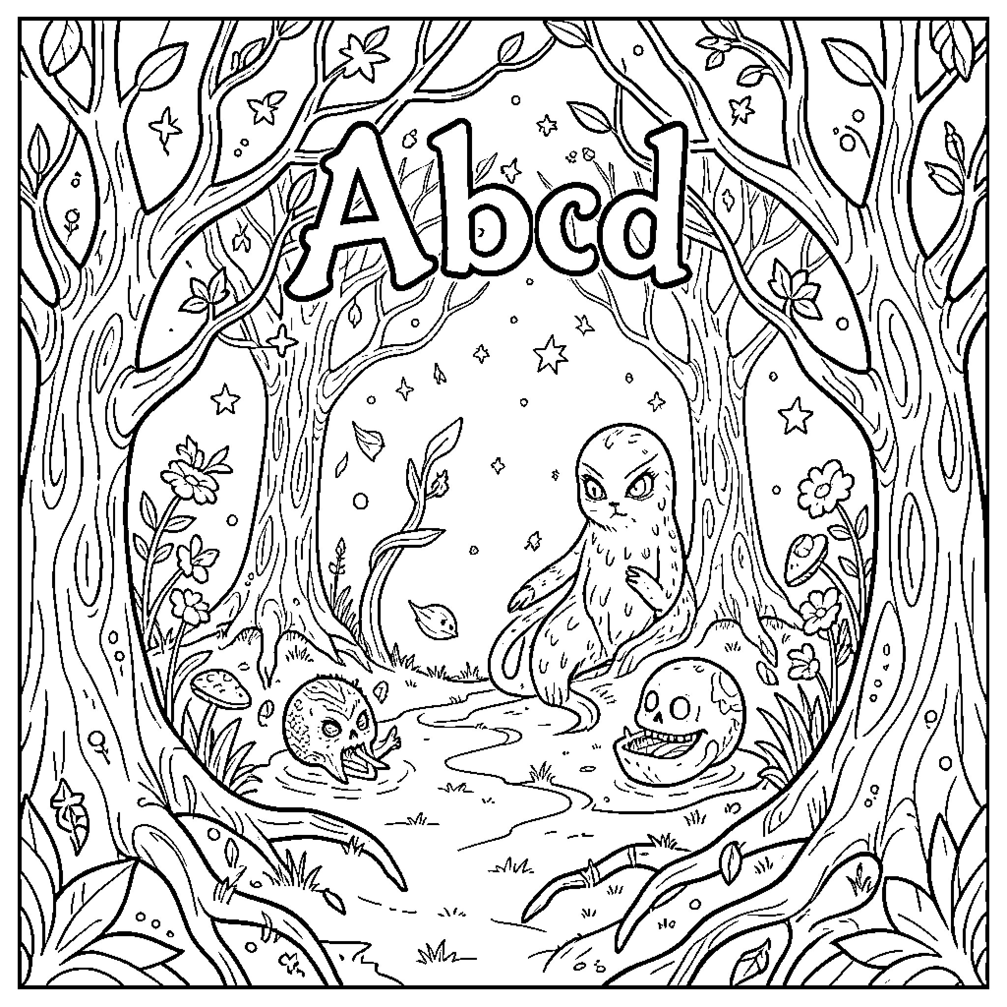 abcd monsters playing in a whimsical forest scene Coloring Page (free black-and-white line drawing printable PDF for all, from beginners to advanced learners, including children, teens, adults, and seniors)