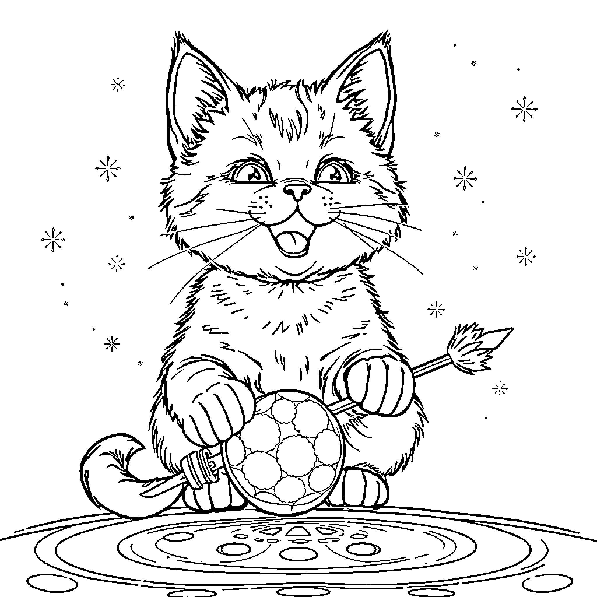 Cat playing with a soccer ball on ice Coloring Page (free black-and-white line drawing printable PDF for all, from beginners to advanced learners, including children, teens, adults, and seniors)