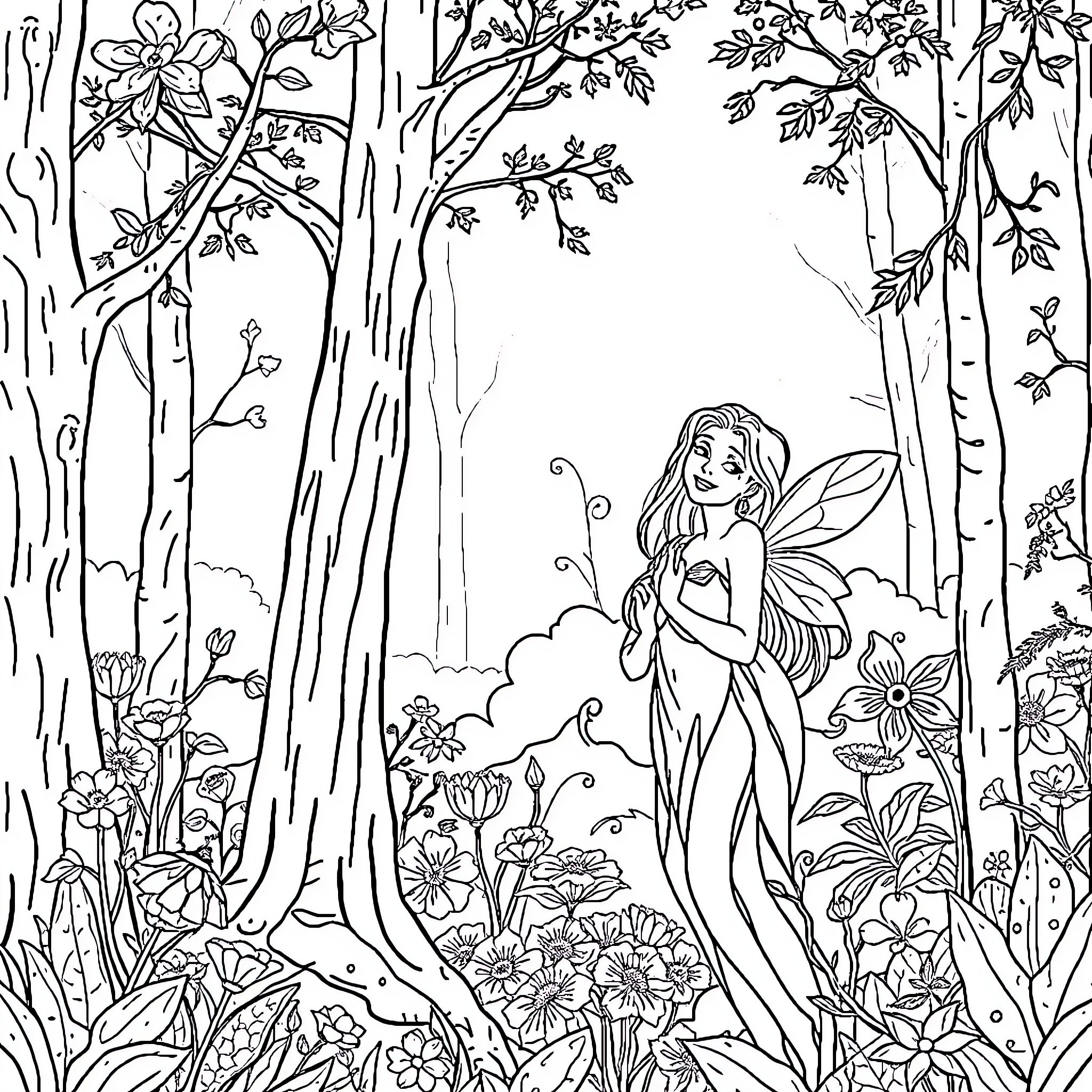 Nymph delightfully interacts with nature in enchanted forest Coloring Page (free black-and-white line drawing printable PDF for all, from beginners to advanced learners, including children, teens, adults, and seniors)