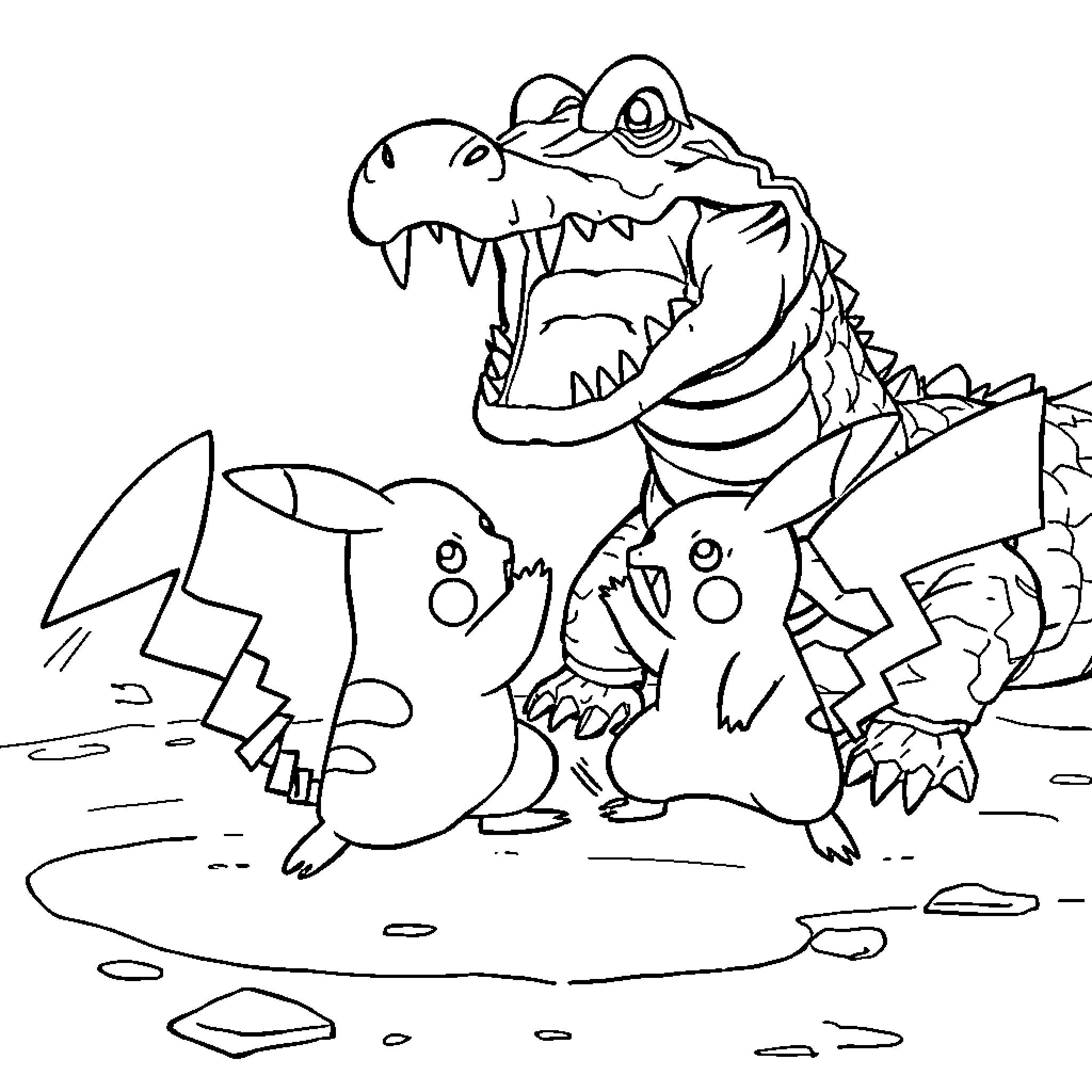 Pikachu playing with Dinosaur friends Coloring Page (free black-and-white line drawing printable PDF for all, from beginners to advanced learners, including children, teens, adults, and seniors)