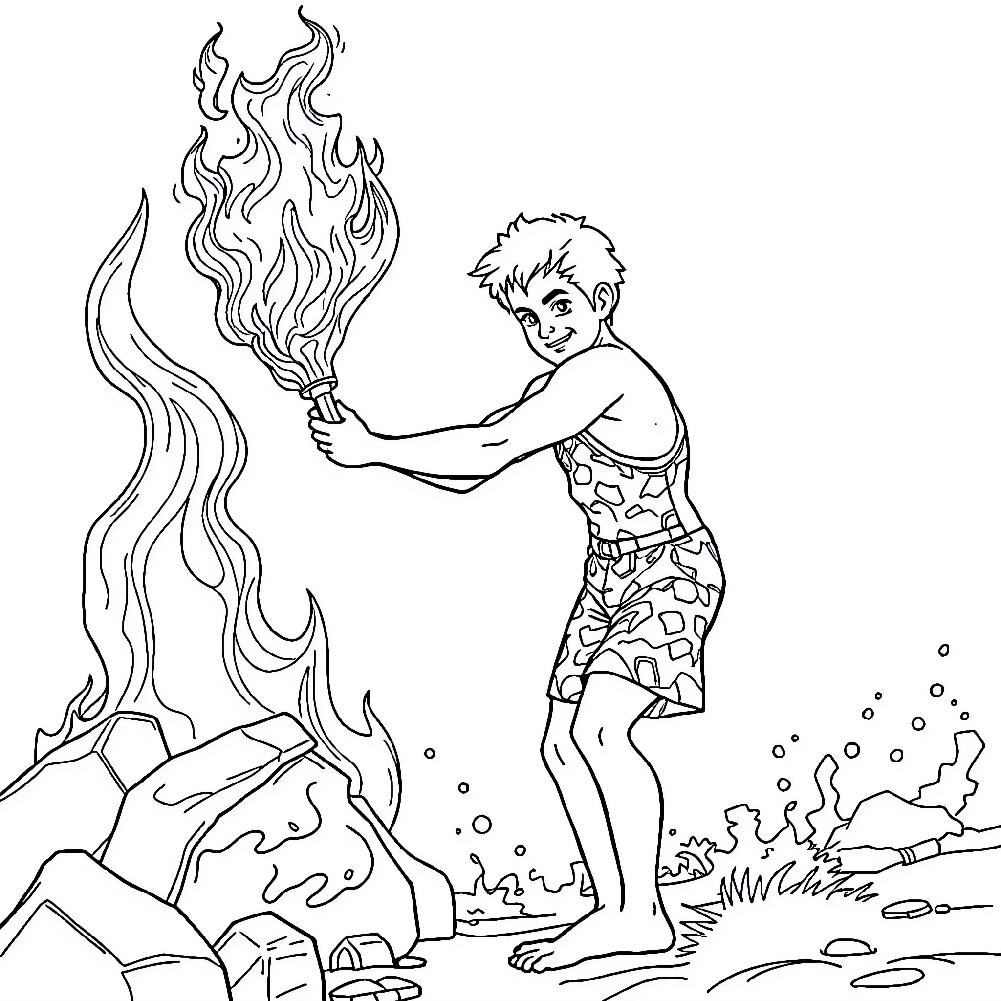 Luís Montenegro tending to a campfire in the wilderness Coloring Page (free black-and-white line drawing printable PDF for all, from beginners to advanced learners, including children, teens, adults, and seniors)