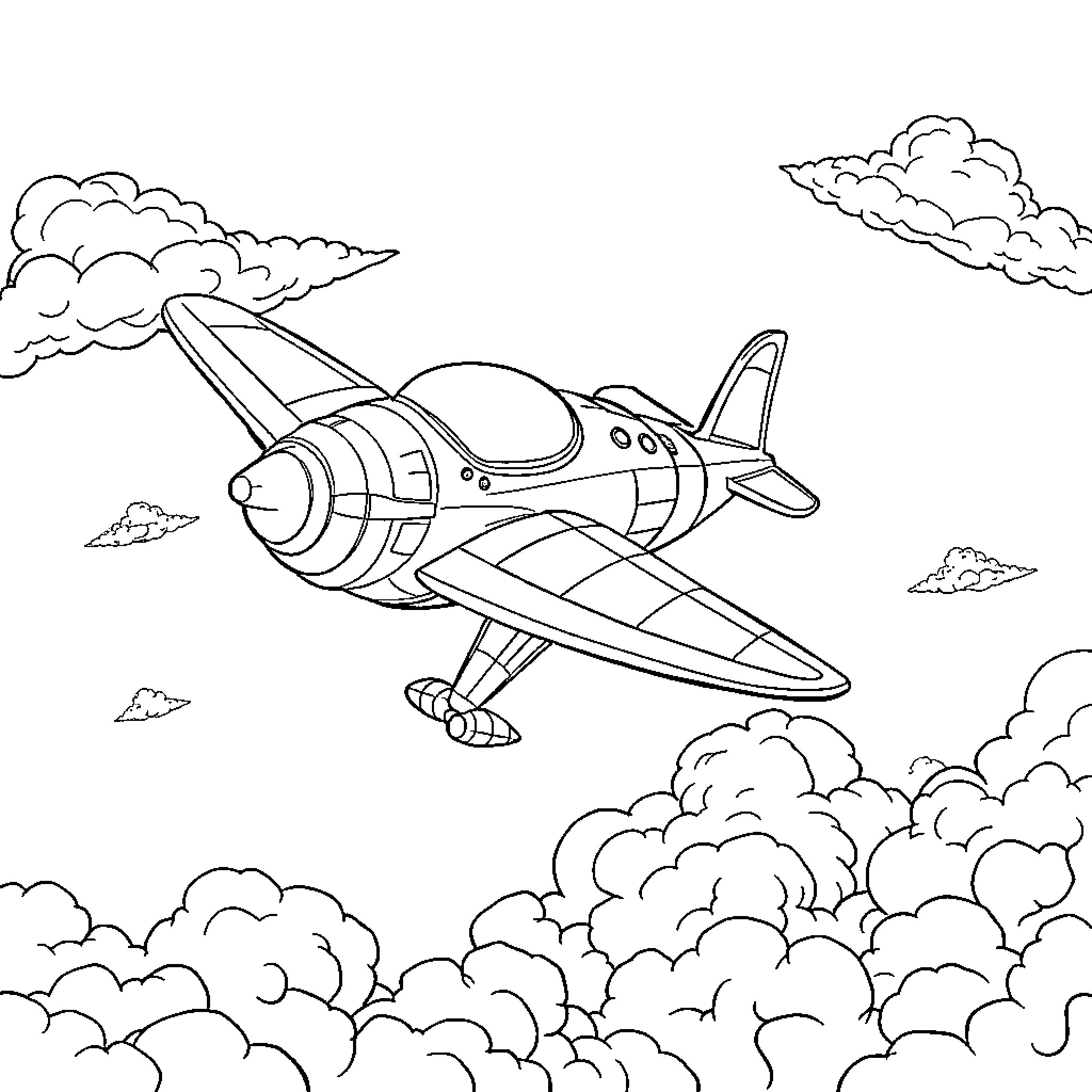 Robot Airplane flying through cloudy skies Coloring Page (free black-and-white line drawing printable PDF for all, from beginners to advanced learners, including children, teens, adults, and seniors)