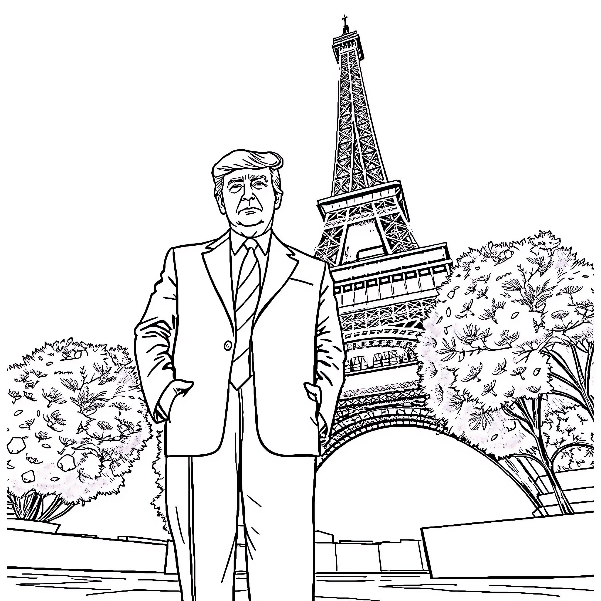 Trump Stands Confidently before the Eiffel Tower Coloring Page (free black-and-white line drawing printable PDF for all, from beginners to advanced learners, including children, teens, adults, and seniors)
