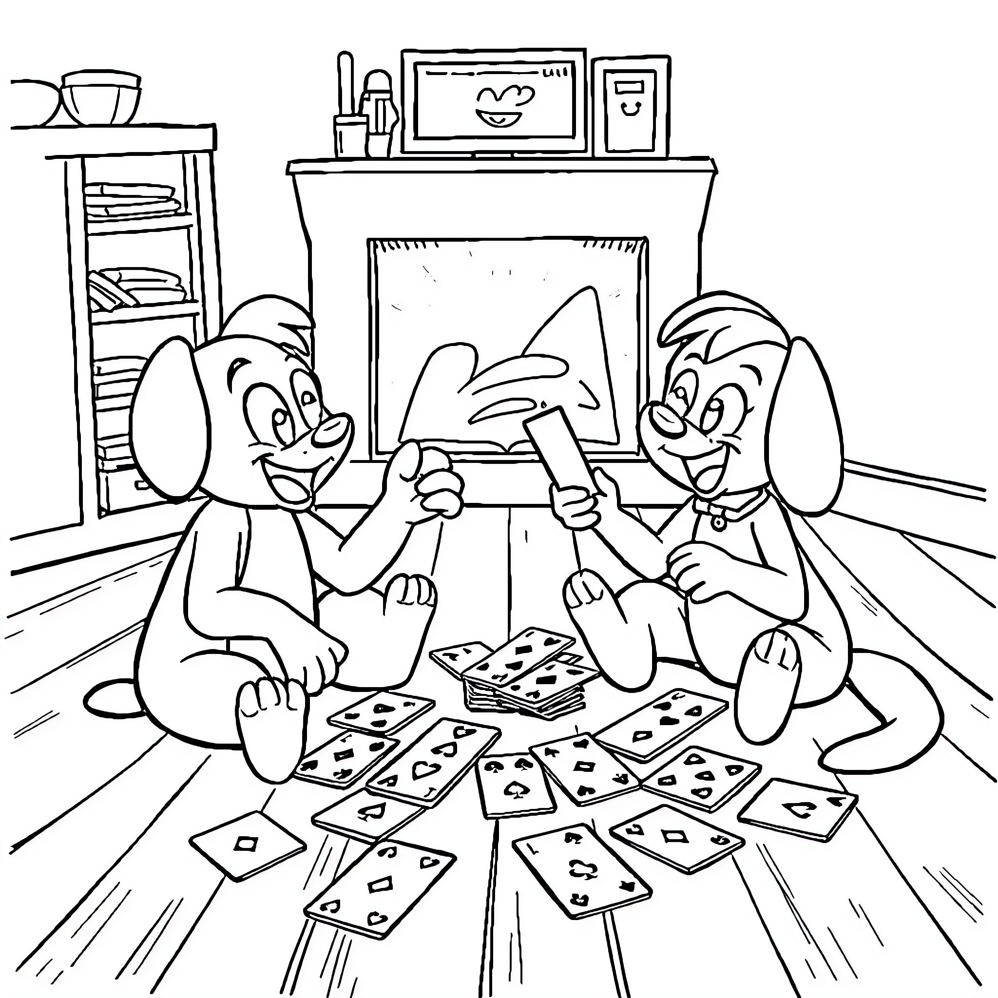 Bluey and friends playing card games together Coloring Page (free black-and-white line drawing printable PDF for all, from beginners to advanced learners, including children, teens, adults, and seniors)