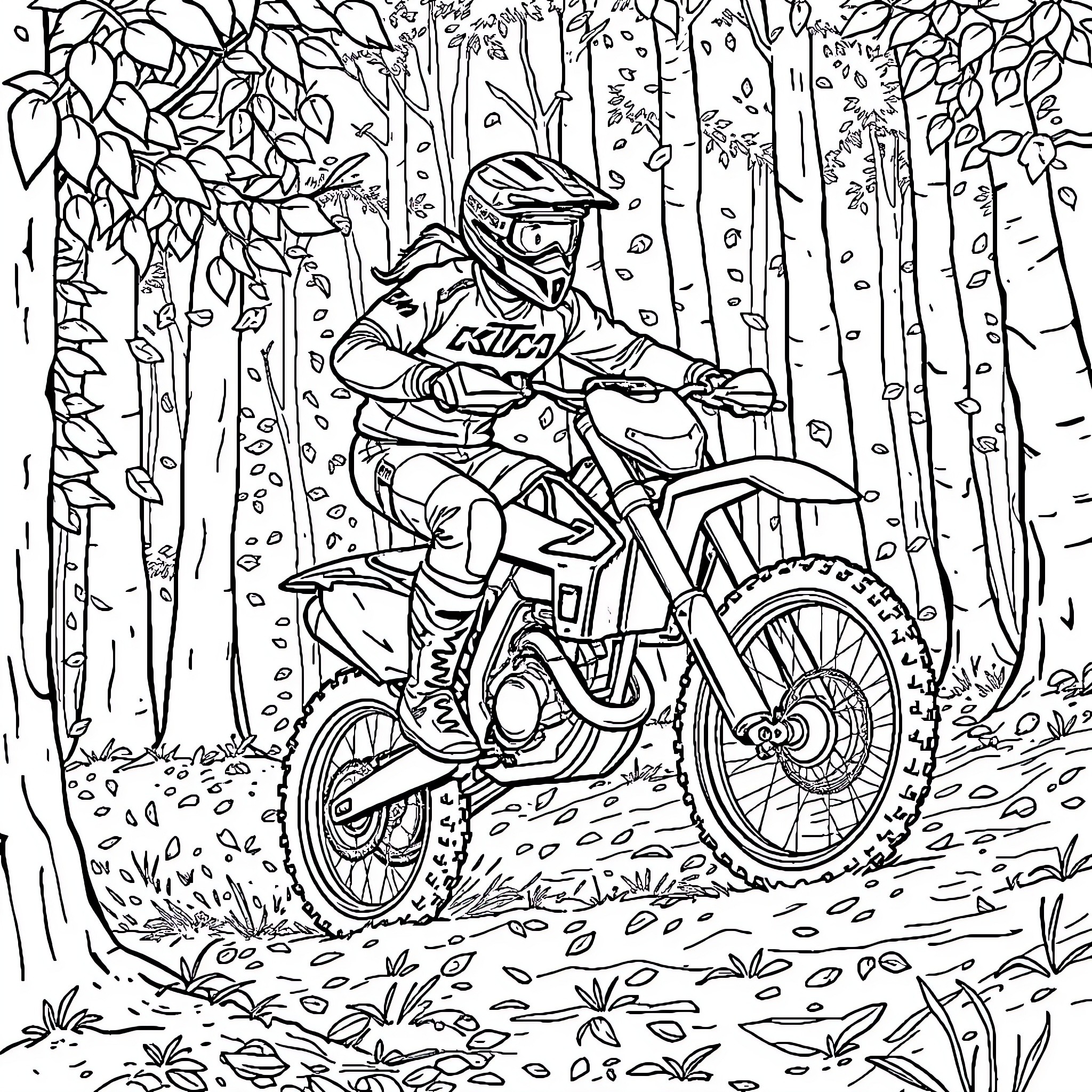 Motocross rider navigating through the forest Coloring Page (free black-and-white line drawing printable PDF for all, from beginners to advanced learners, including children, teens, adults, and seniors)