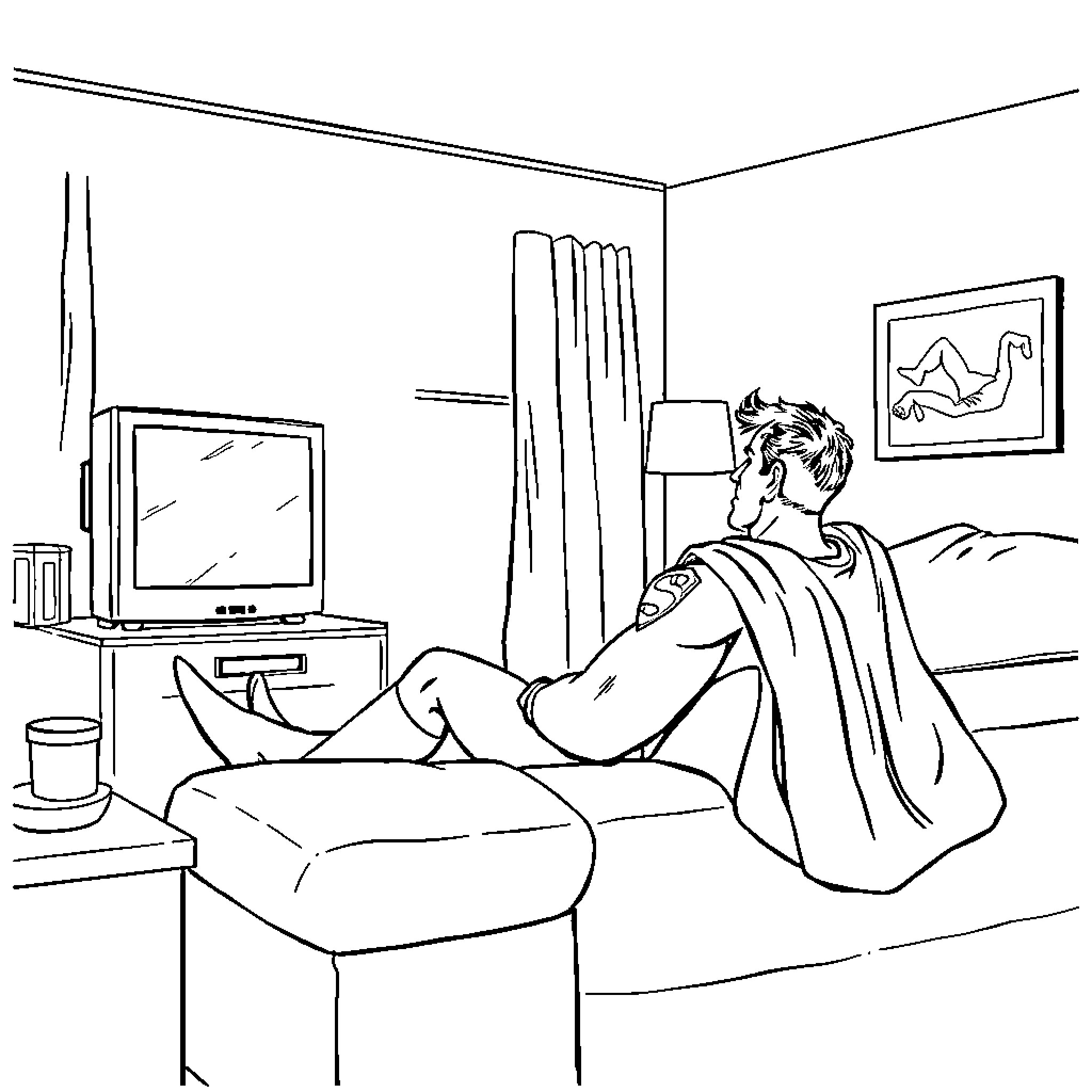 Superman relaxing in his apartment Coloring Page (free black-and-white line drawing printable PDF for all, from beginners to advanced learners, including children, teens, adults, and seniors)
