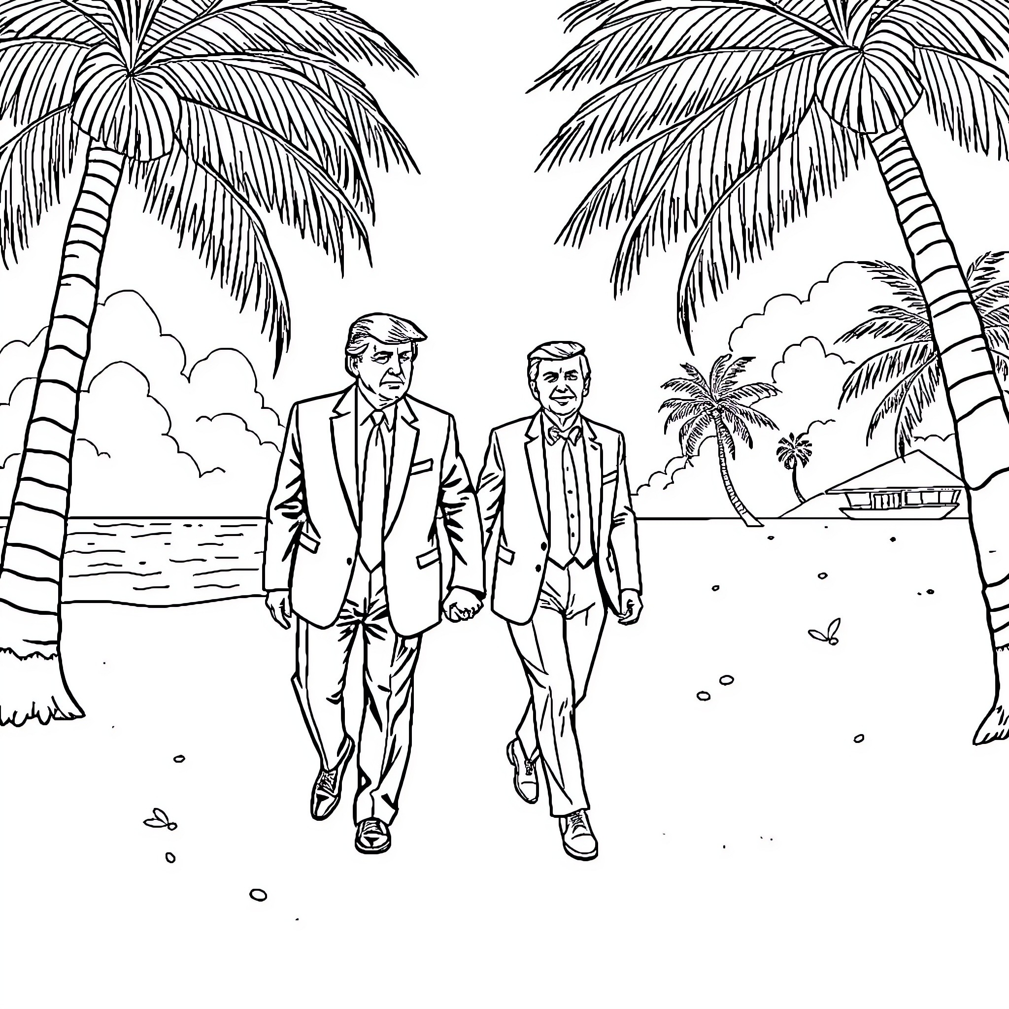 Trump and companion stroll on tropical beach Coloring Page (free black-and-white line drawing printable PDF for all, from beginners to advanced learners, including children, teens, adults, and seniors)