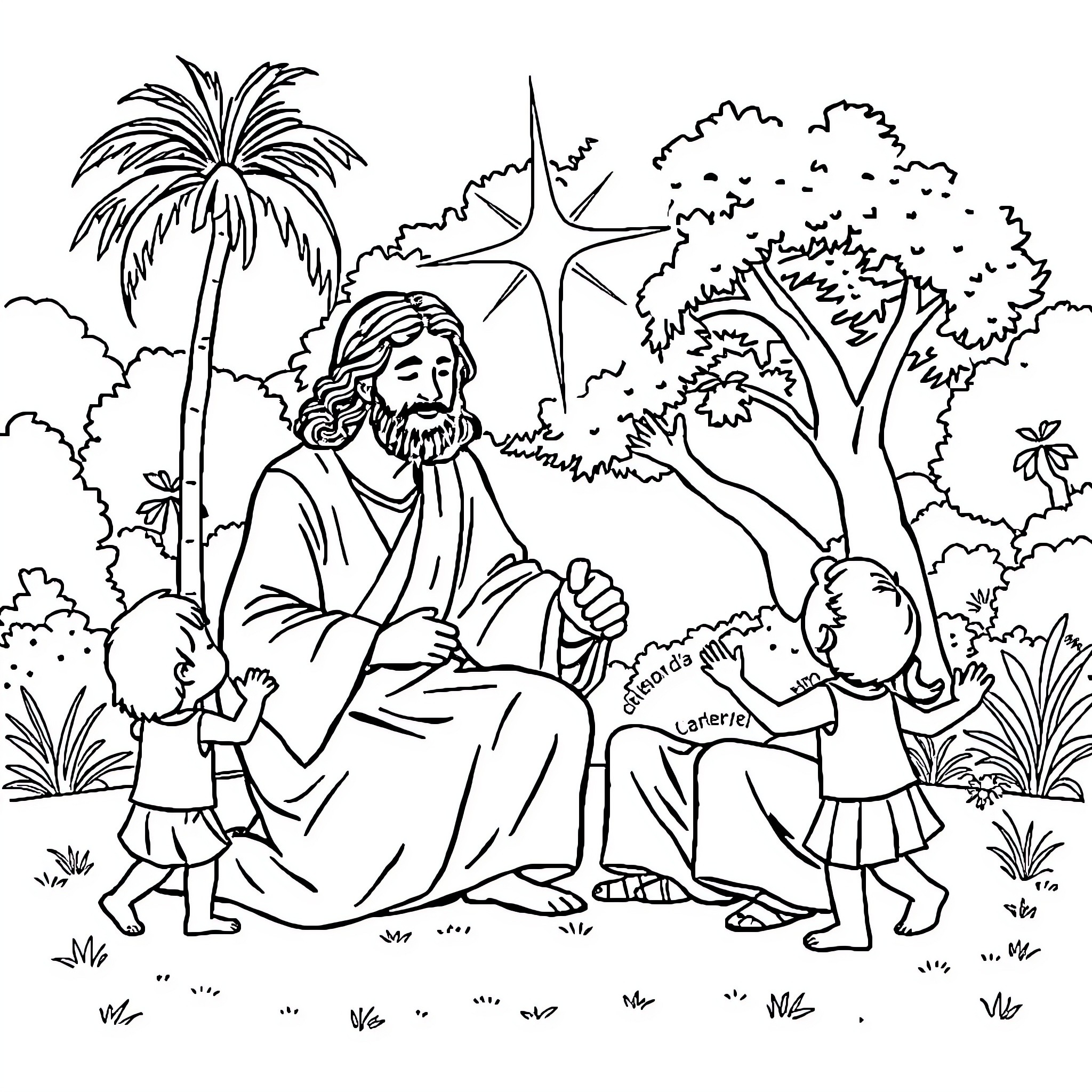 Jesus teaching and comforting children in a serene garden Coloring Page (free black-and-white line drawing printable PDF for all, from beginners to advanced learners, including children, teens, adults, and seniors)