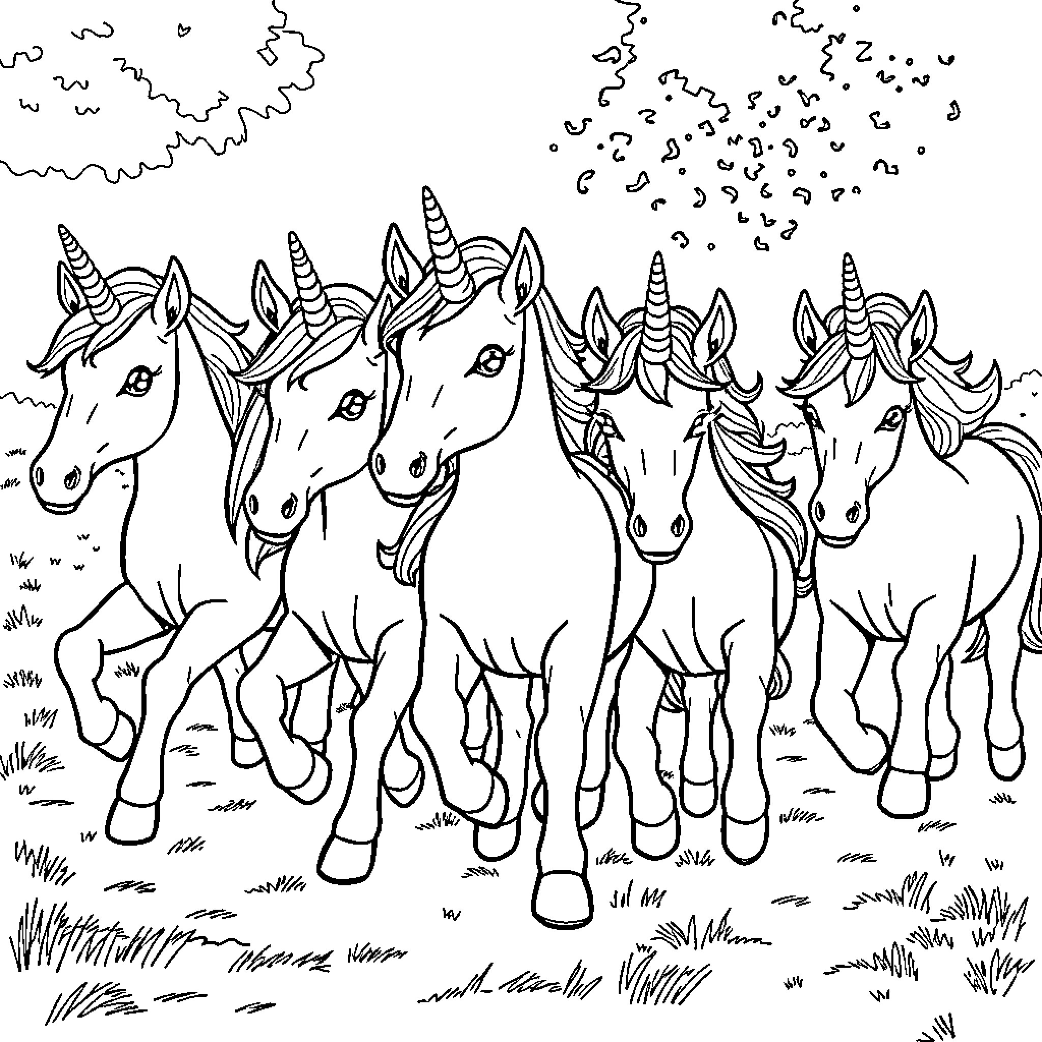 Unicorn herd galloping through the meadow Coloring Page (free black-and-white line drawing printable PDF for all, from beginners to advanced learners, including children, teens, adults, and seniors)