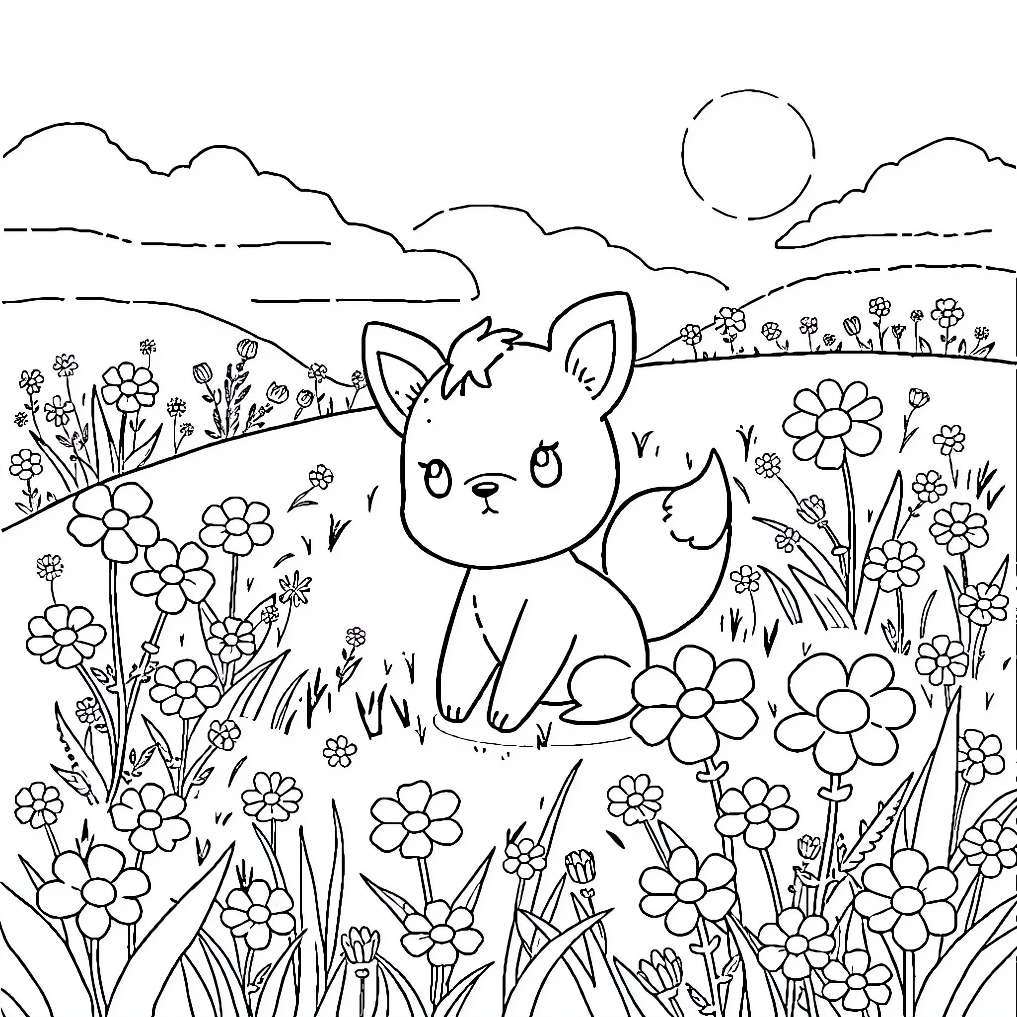 Anime Animal playing in the flower field Coloring Page (free black-and-white line drawing printable PDF for all, from beginners to advanced learners, including children, teens, adults, and seniors)