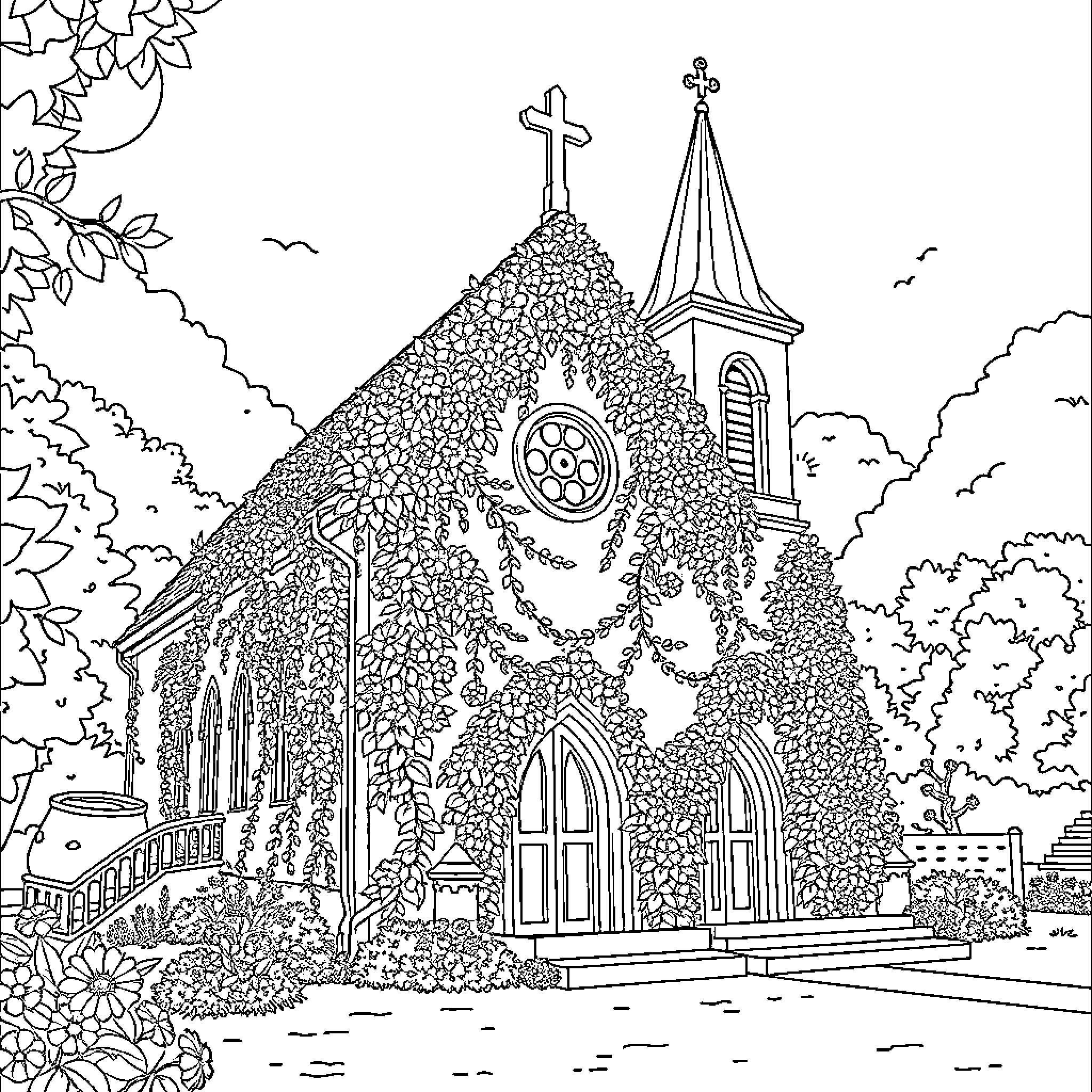 Church with decorative exterior and steeple Coloring Page (free black-and-white line drawing printable PDF for all, from beginners to advanced learners, including children, teens, adults, and seniors)