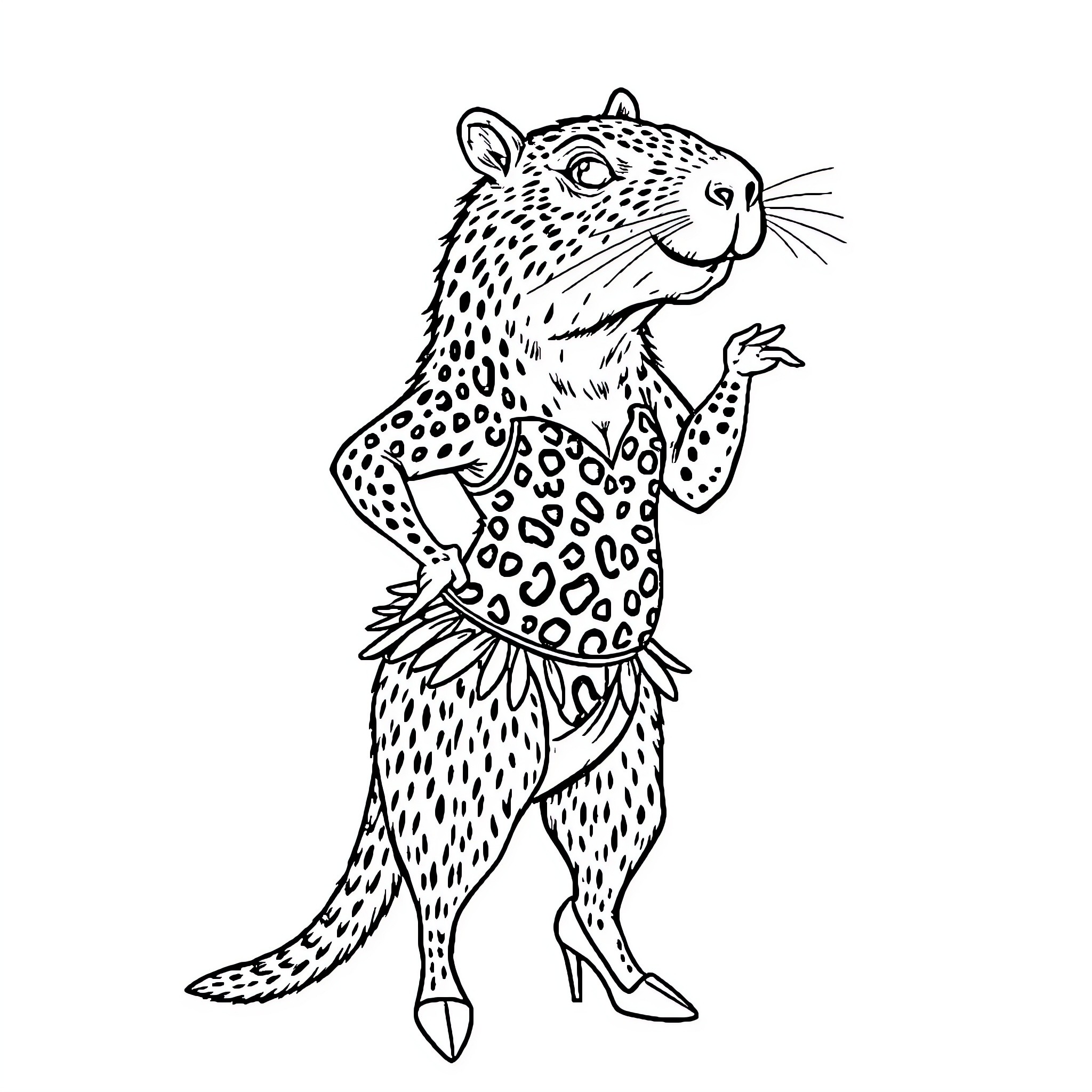 Capybara in whimsical attire Coloring Page (free black-and-white line drawing printable PDF for all, from beginners to advanced learners, including children, teens, adults, and seniors)