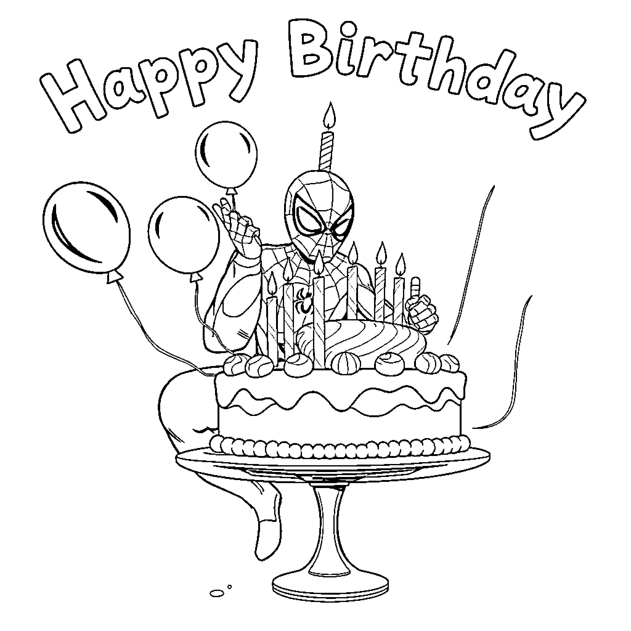 Spiderman's Happy Birthday Celebration Coloring Page (free black-and-white line drawing printable PDF for all, from beginners to advanced learners, including children, teens, adults, and seniors)