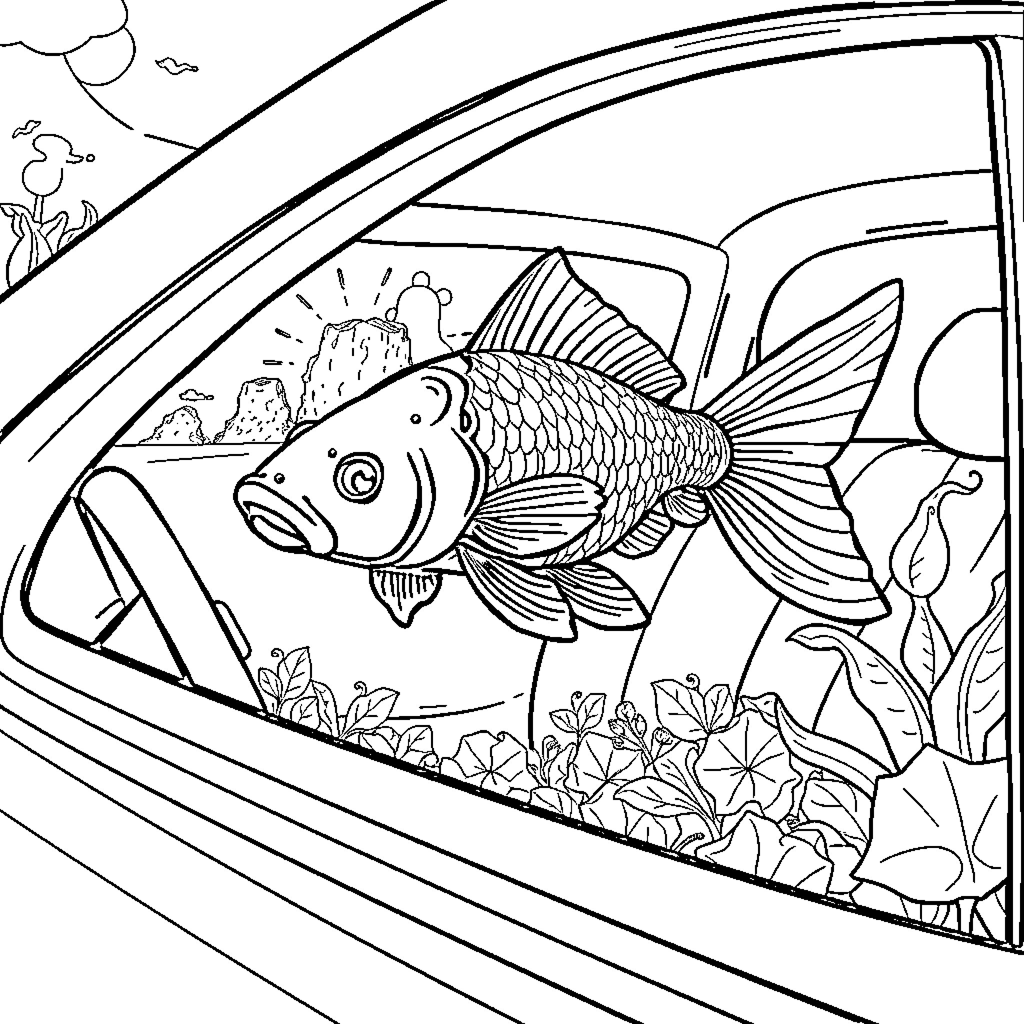 Carp swimming in an aquarium scene Coloring Page (free black-and-white line drawing printable PDF for all, from beginners to advanced learners, including children, teens, adults, and seniors)