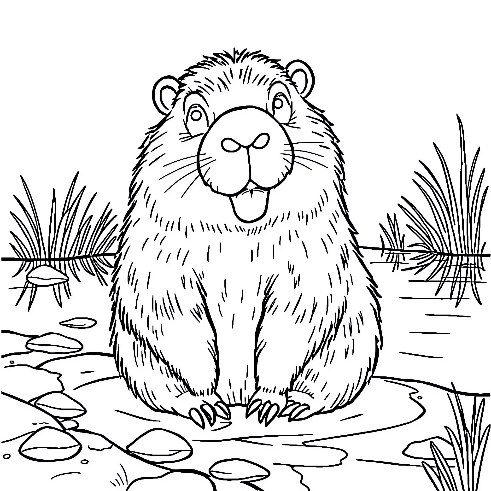 Capybara enjoying a peaceful day by the pond Coloring Page (free black-and-white line drawing printable PDF for all, from beginners to advanced learners, including children, teens, adults, and seniors)
