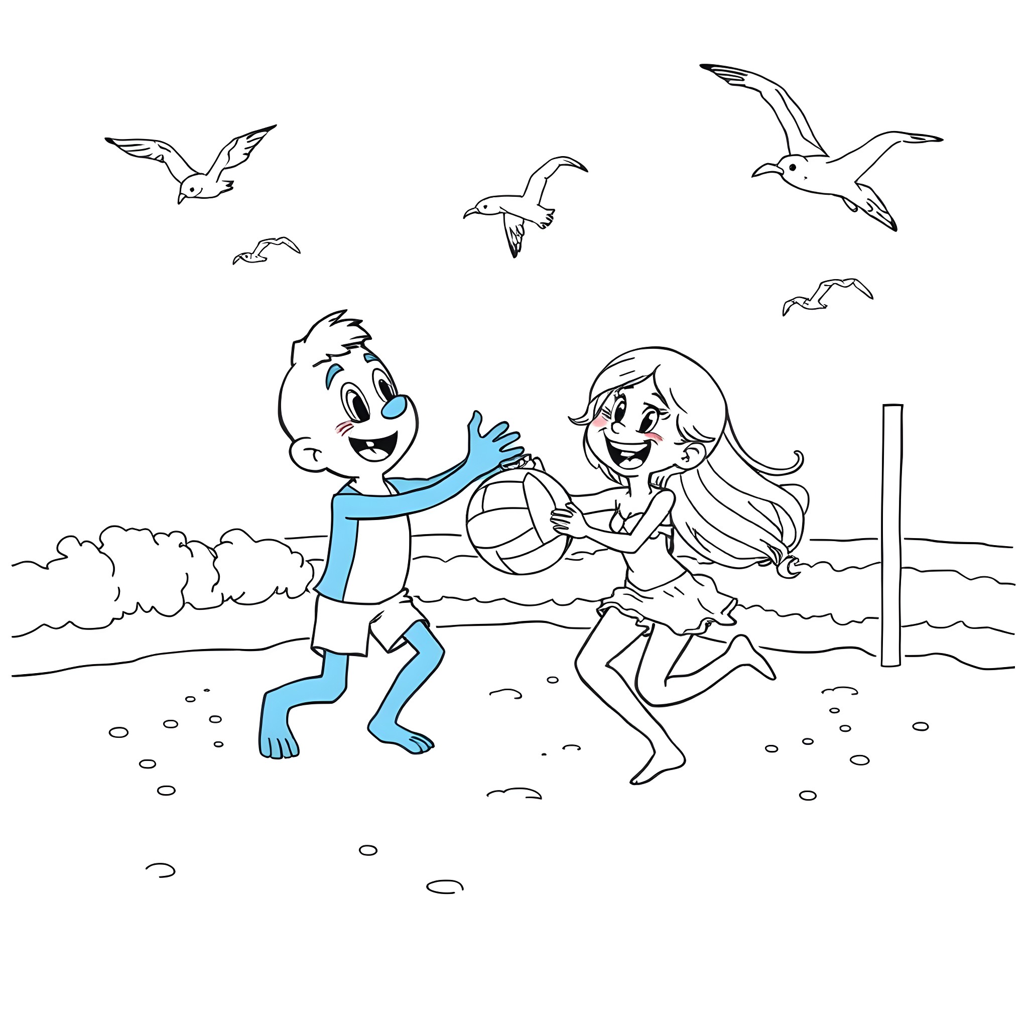 Bluey and friend playing on the beach Coloring Page (free black-and-white line drawing printable PDF for all, from beginners to advanced learners, including children, teens, adults, and seniors)
