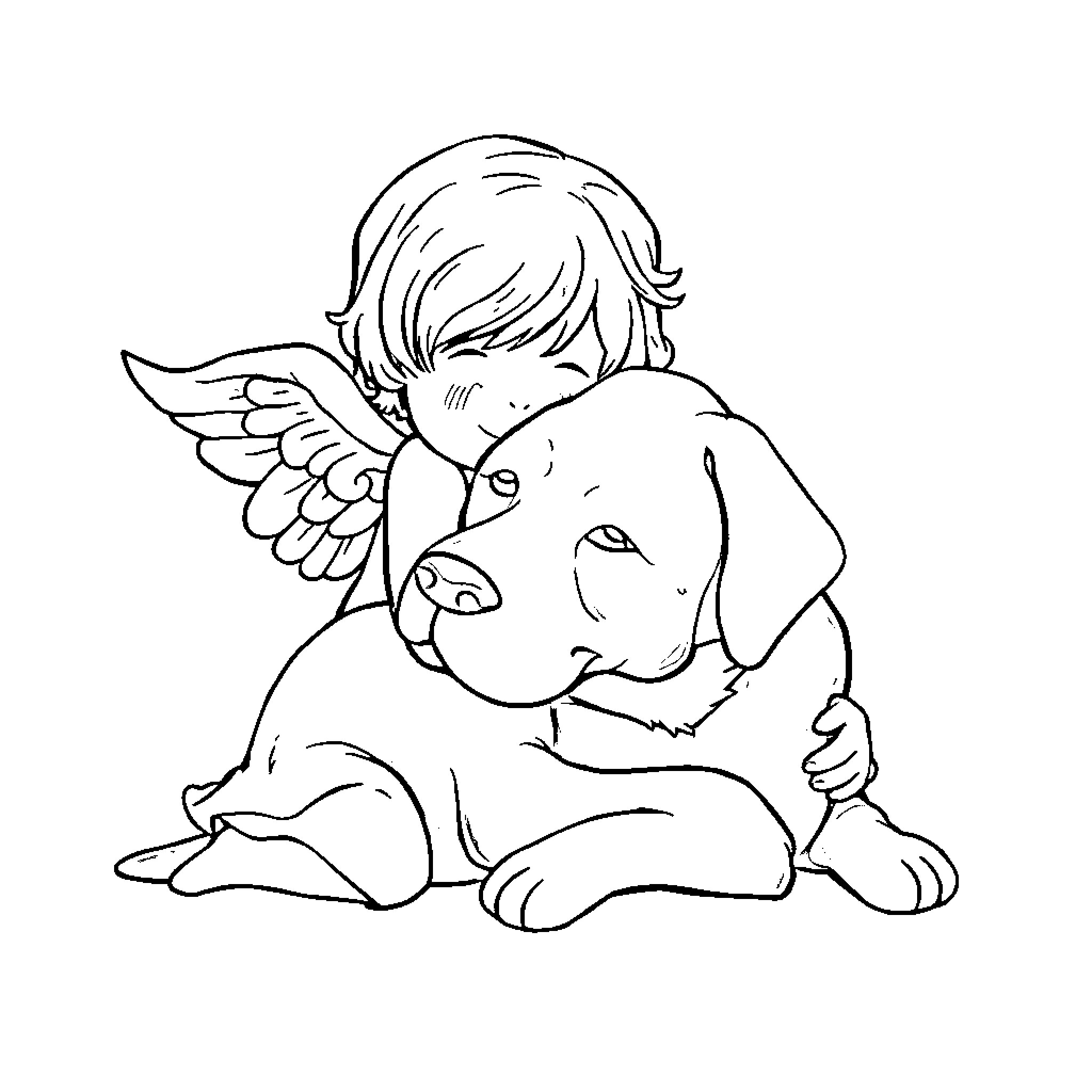 Angel comforting a sweet puppy Coloring Page (free black-and-white line drawing printable PDF for all, from beginners to advanced learners, including children, teens, adults, and seniors)
