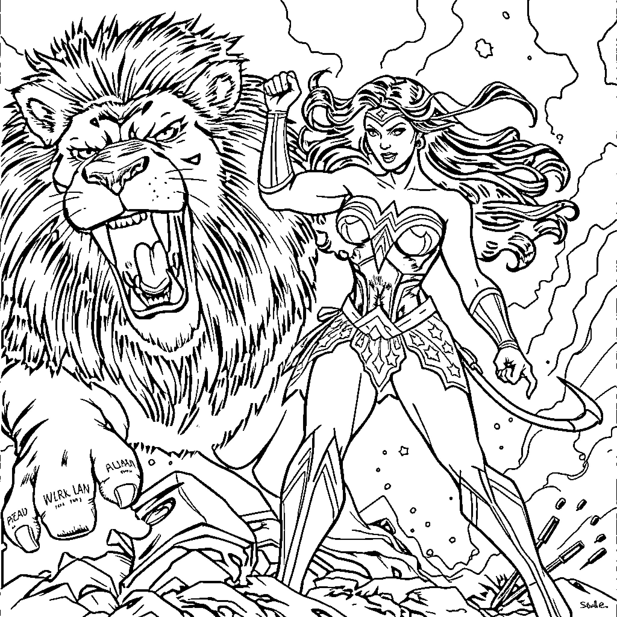 Wonder Woman battles a ferocious lion Coloring Page (free black-and-white line drawing printable PDF for all, from beginners to advanced learners, including children, teens, adults, and seniors)