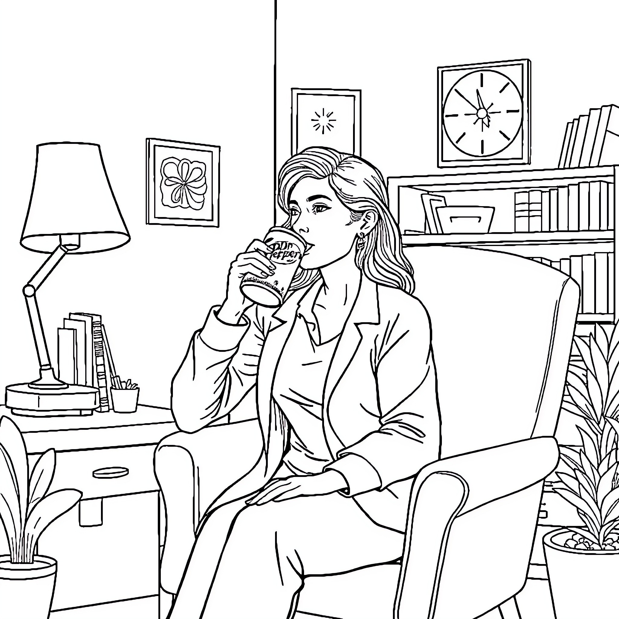Therapist Listening Attentively to Client in Office Coloring Page (free black-and-white line drawing printable PDF for all, from beginners to advanced learners, including children, teens, adults, and seniors)