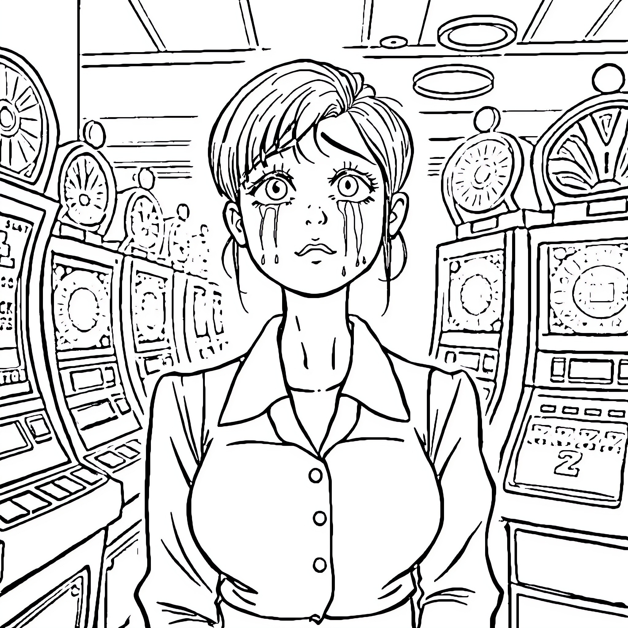 Slot Attendant Dealing with Technical Issues in the Casino Coloring Page (free black-and-white line drawing printable PDF for all, from beginners to advanced learners, including children, teens, adults, and seniors)