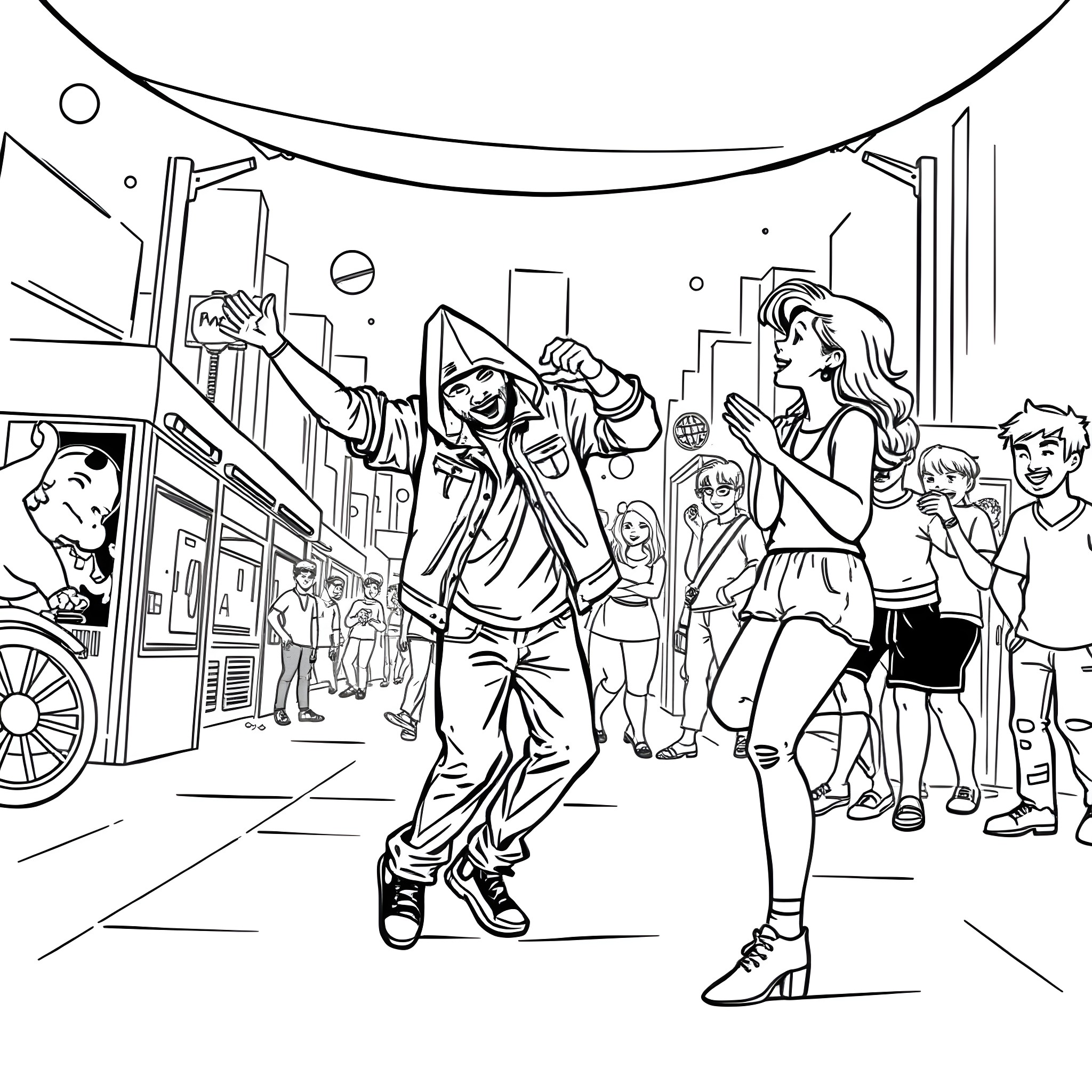 Boyfriend captures city nightlife with his energetic dance moves Coloring Page (free black-and-white line drawing printable PDF for all, from beginners to advanced learners, including children, teens, adults, and seniors)