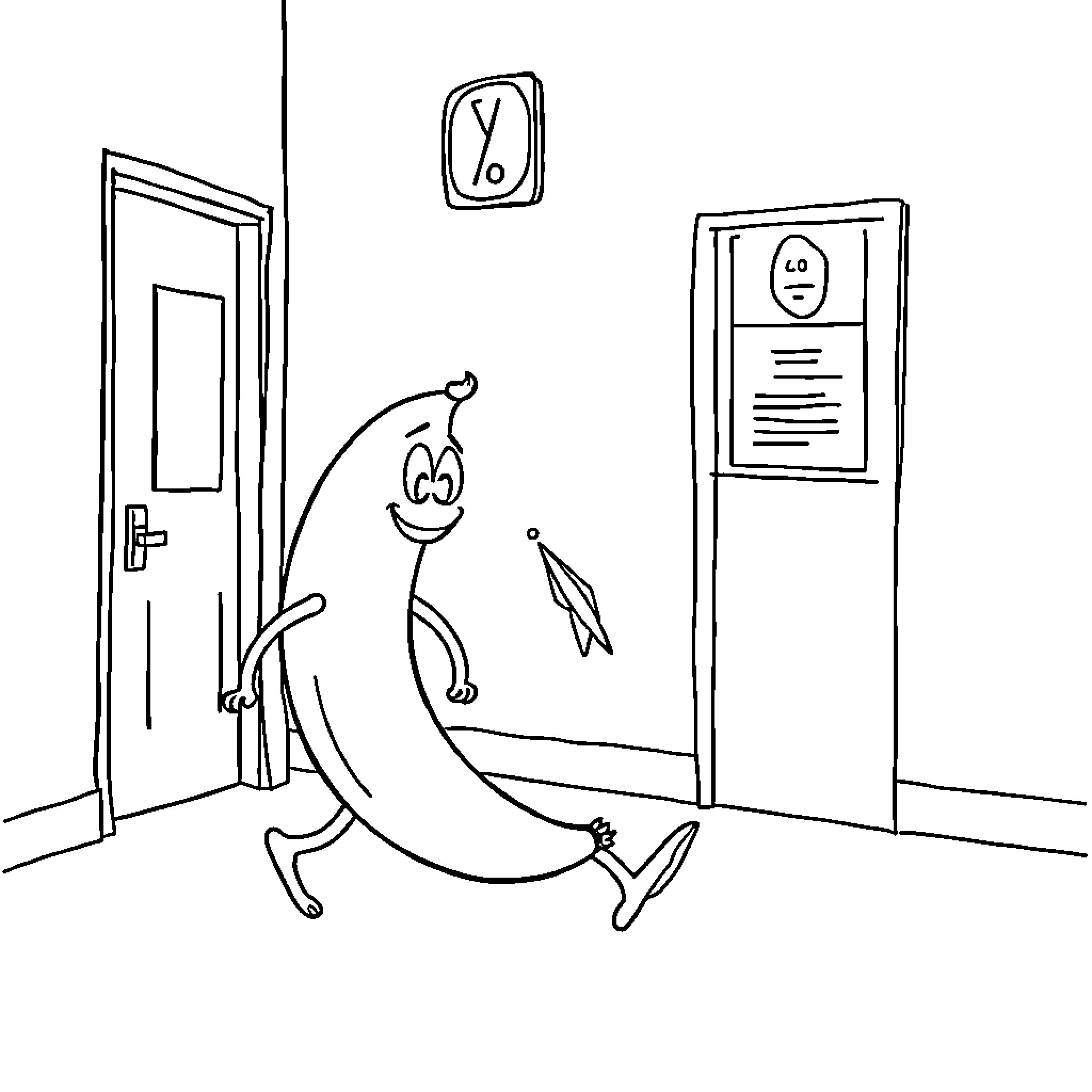 Banana walking happily in the room Coloring Page (free black-and-white line drawing printable PDF for all, from beginners to advanced learners, including children, teens, adults, and seniors)