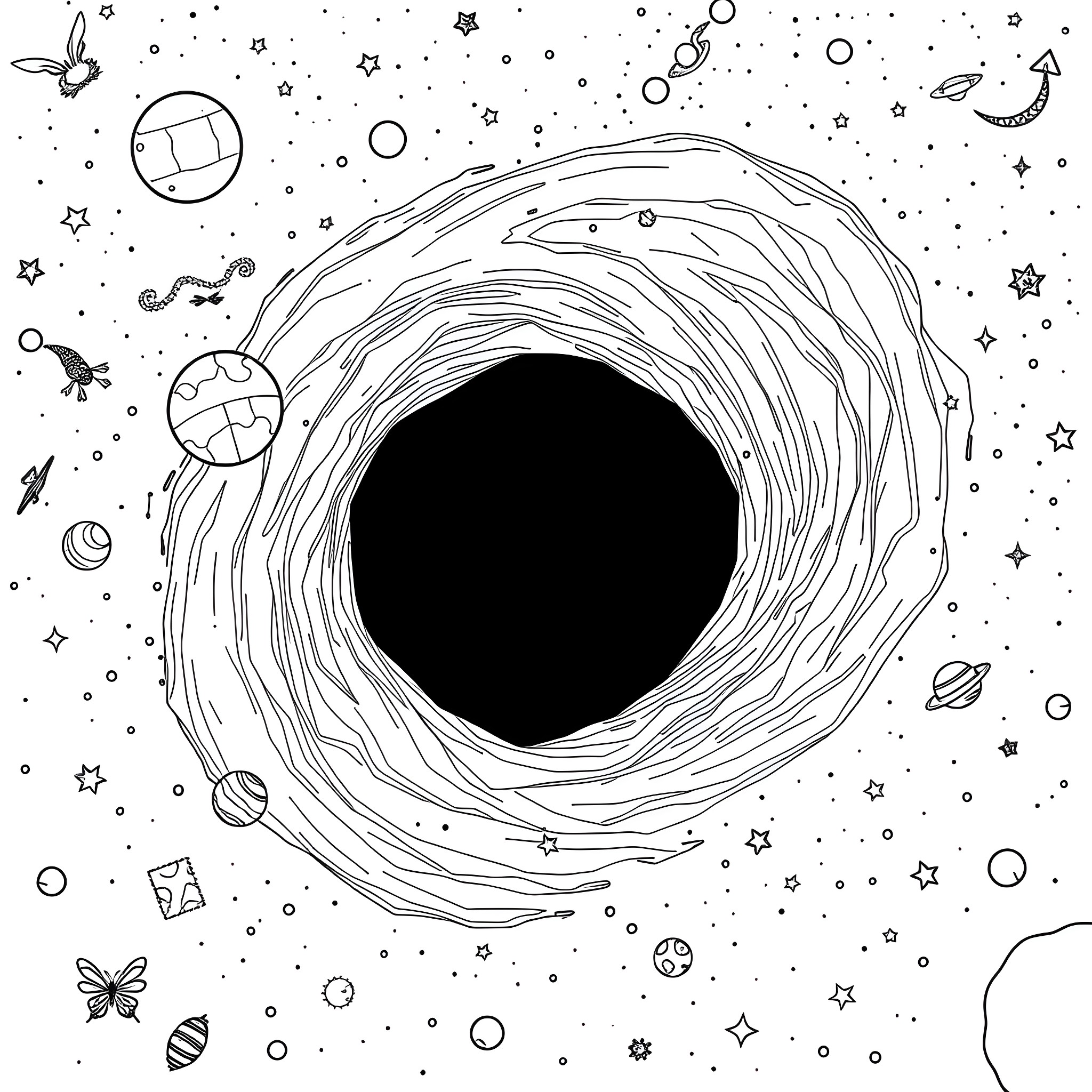 Black Hole with Cosmic Imagery Coloring Page (free black-and-white line drawing printable PDF for all, from beginners to advanced learners, including children, teens, adults, and seniors)