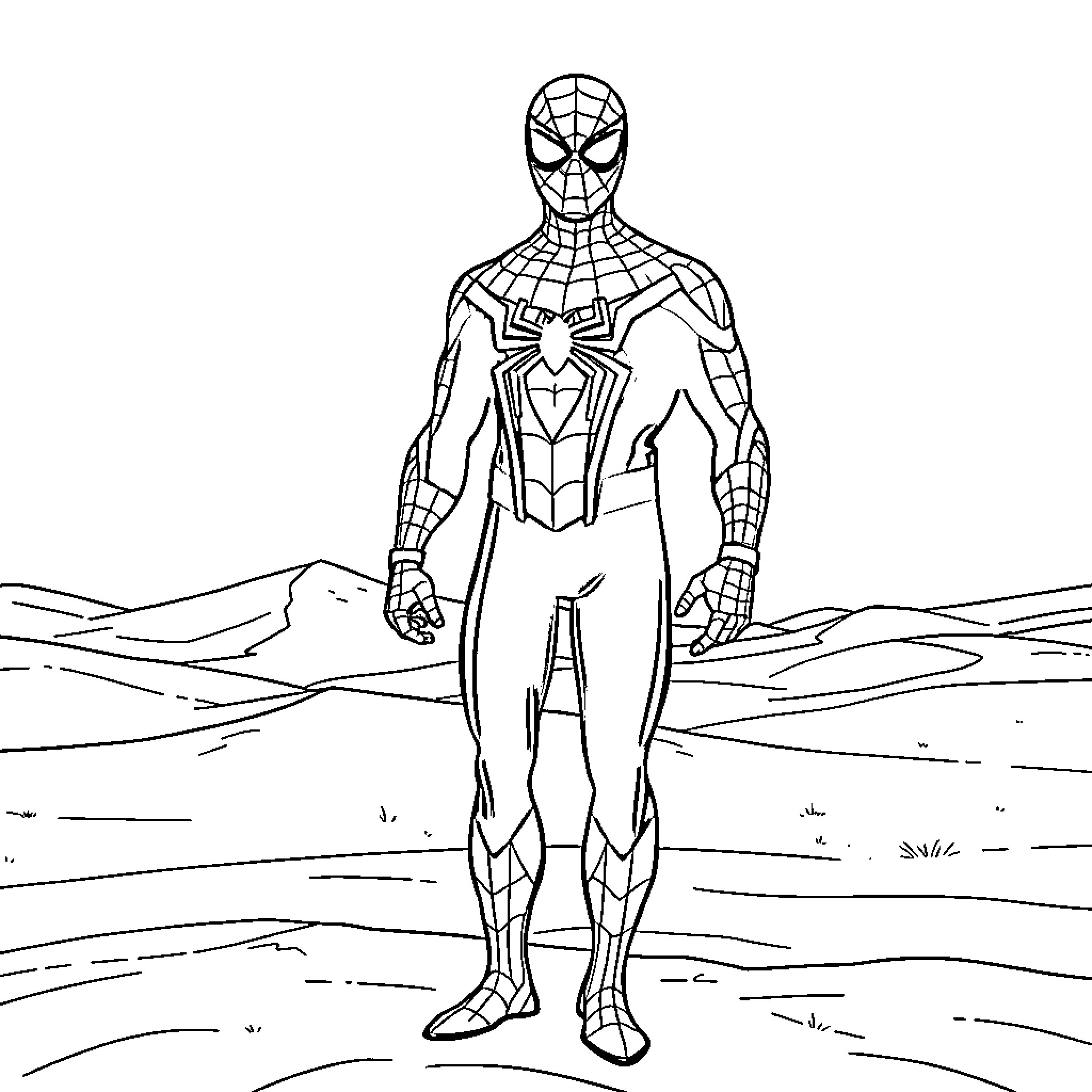 Spider-Man standing heroically in the wilderness Coloring Page (free black-and-white line drawing printable PDF for all, from beginners to advanced learners, including children, teens, adults, and seniors)
