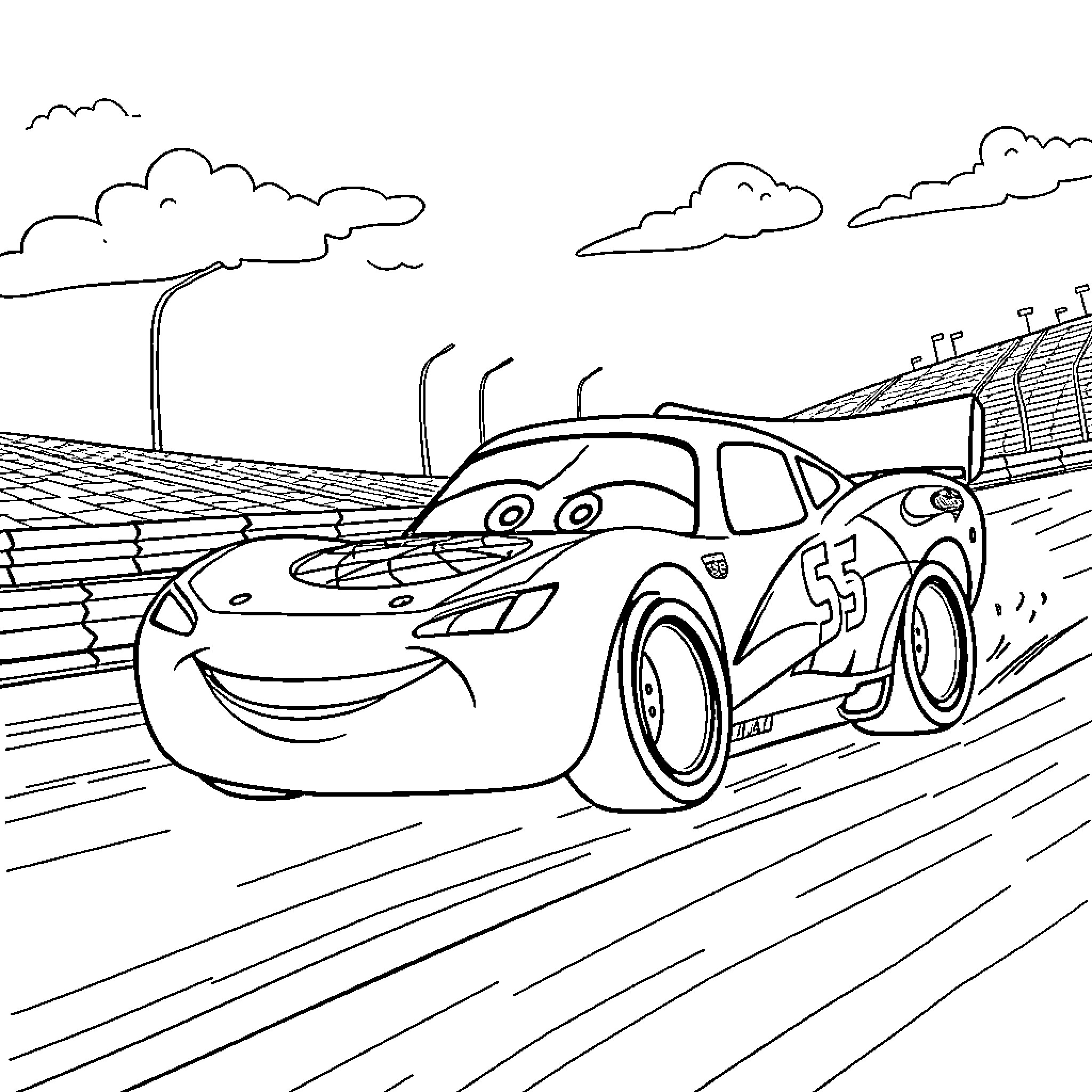 Lightning McQueen racing on the track Coloring Page (free black-and-white line drawing printable PDF for all, from beginners to advanced learners, including children, teens, adults, and seniors)