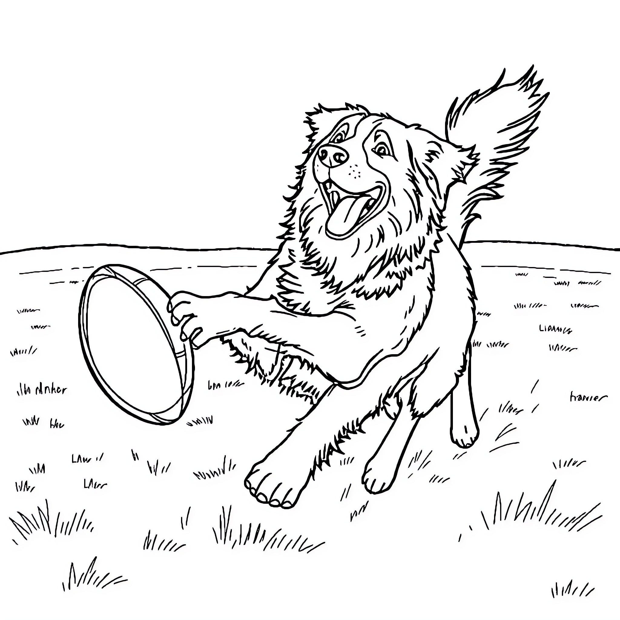 Bernese Mountain Dog Playing Joyfully with Frisbee Coloring Page (free black-and-white line drawing printable PDF for all, from beginners to advanced learners, including children, teens, adults, and seniors)