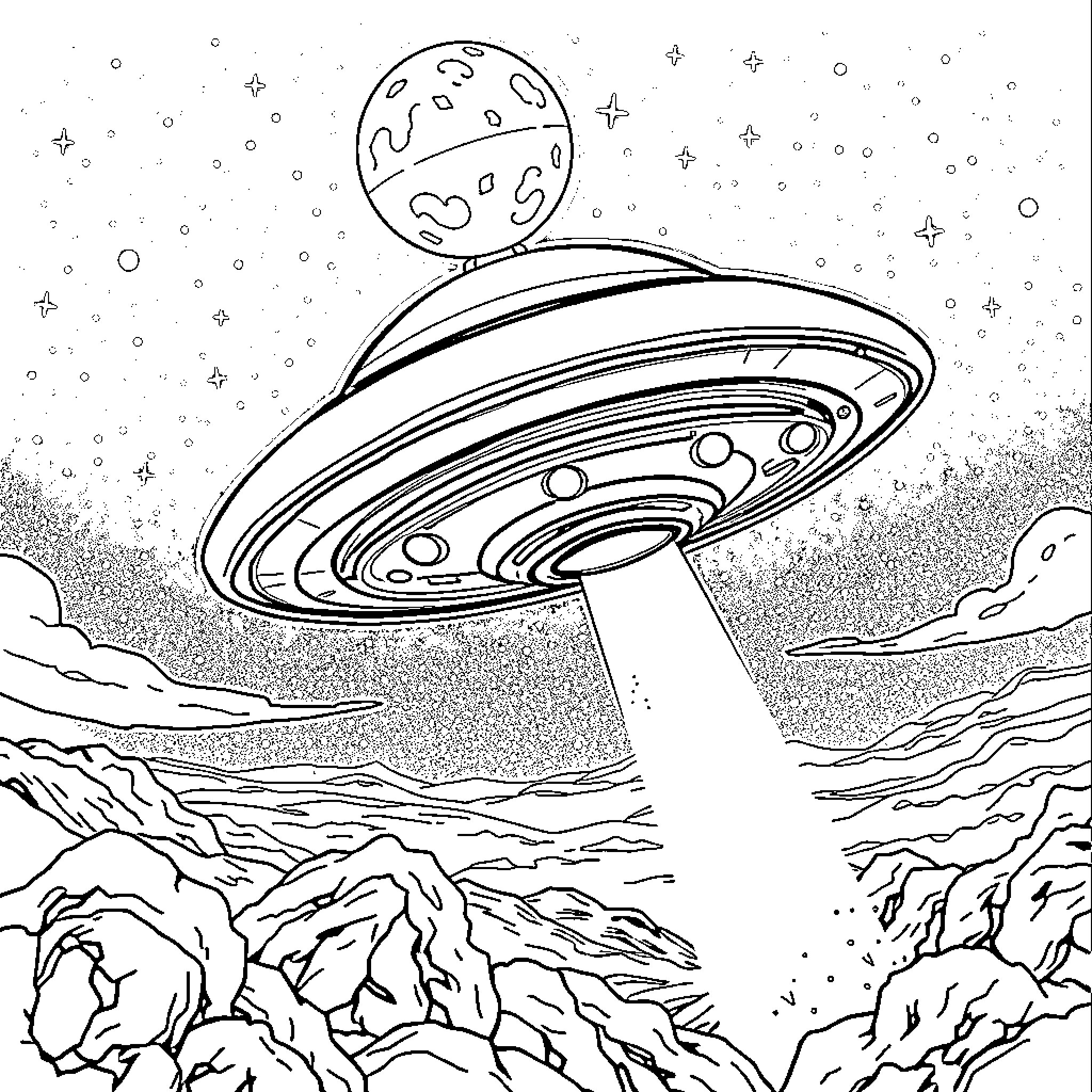 UFO hovering over rocky landscape at night Coloring Page (free black-and-white line drawing printable PDF for all, from beginners to advanced learners, including children, teens, adults, and seniors)