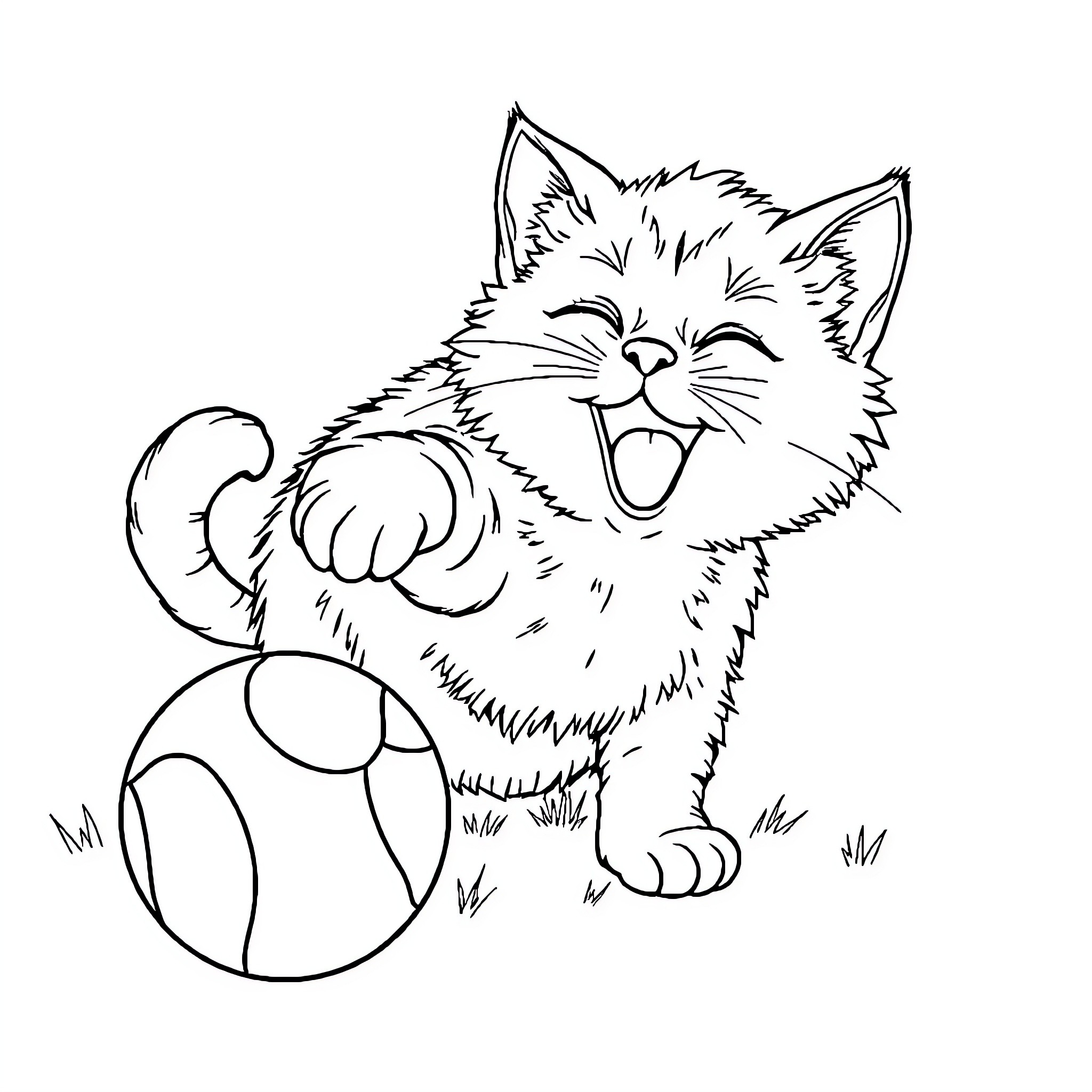 Cat playing with ball on grass Coloring Page (free black-and-white line drawing printable PDF for all, from beginners to advanced learners, including children, teens, adults, and seniors)
