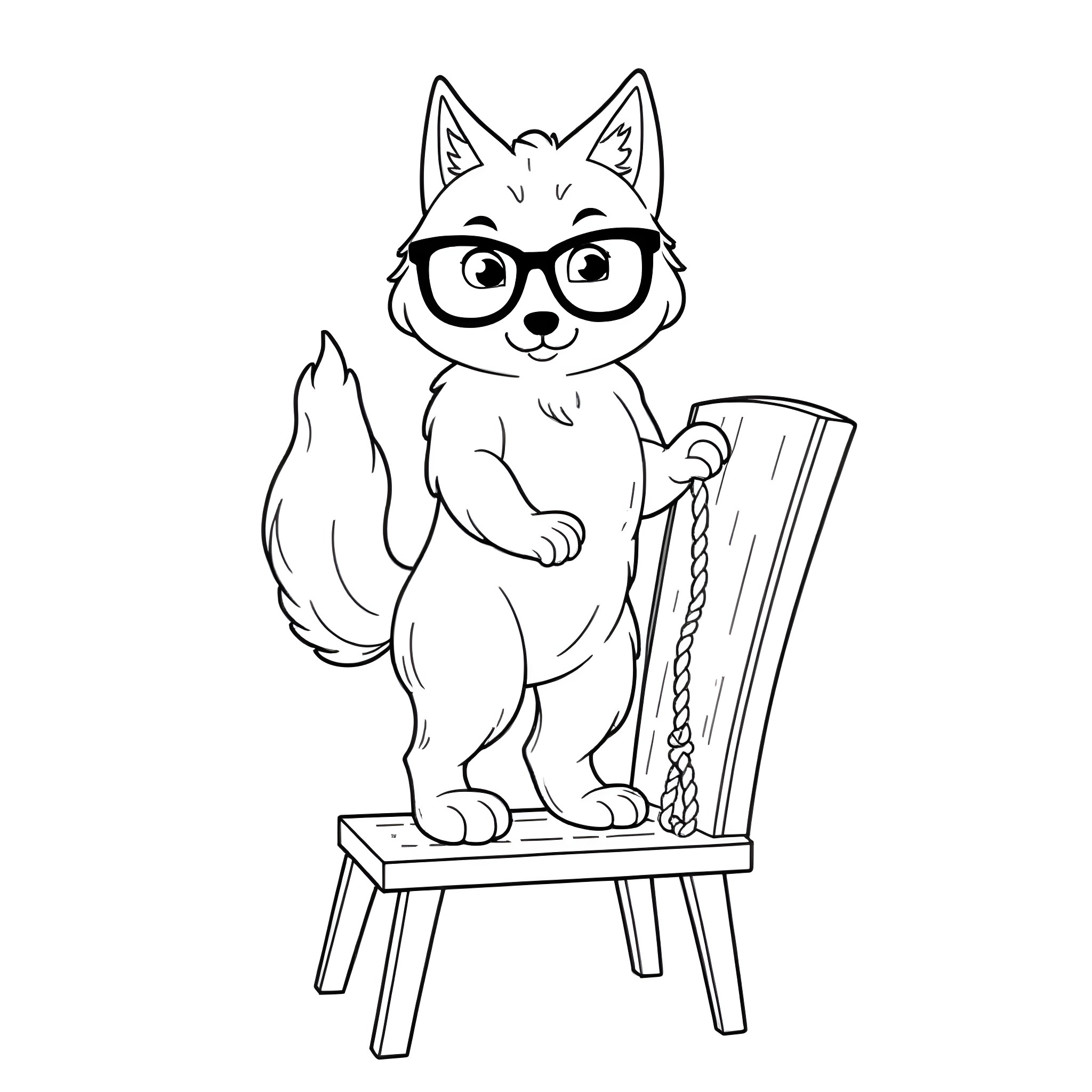 Wolf in glasses sitting on a chair Coloring Page (free black-and-white line drawing printable PDF for all, from beginners to advanced learners, including children, teens, adults, and seniors)