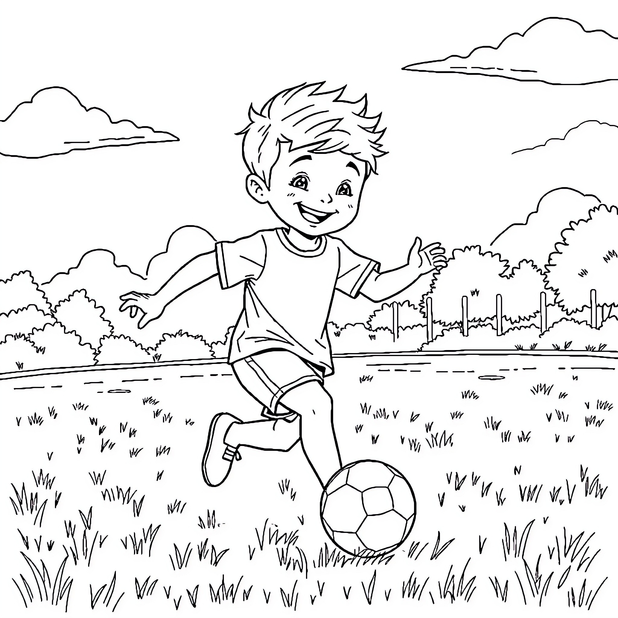 Boy playing happily with soccer ball in the park Coloring Page (free black-and-white line drawing printable PDF for all, from beginners to advanced learners, including children, teens, adults, and seniors)