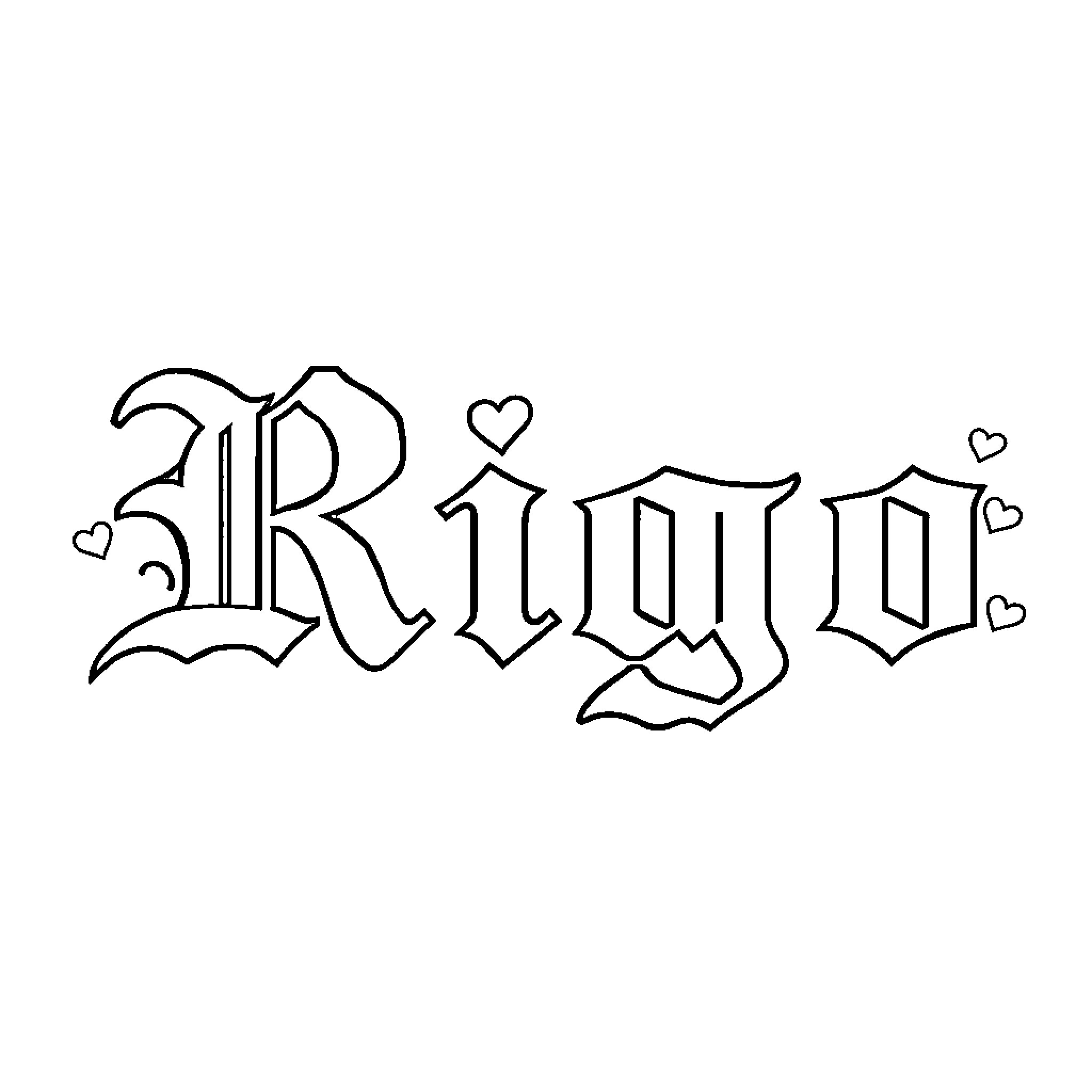 Rigo's Gothic-style Name with Hearts Coloring Page (free black-and-white line drawing printable PDF for all, from beginners to advanced learners, including children, teens, adults, and seniors)