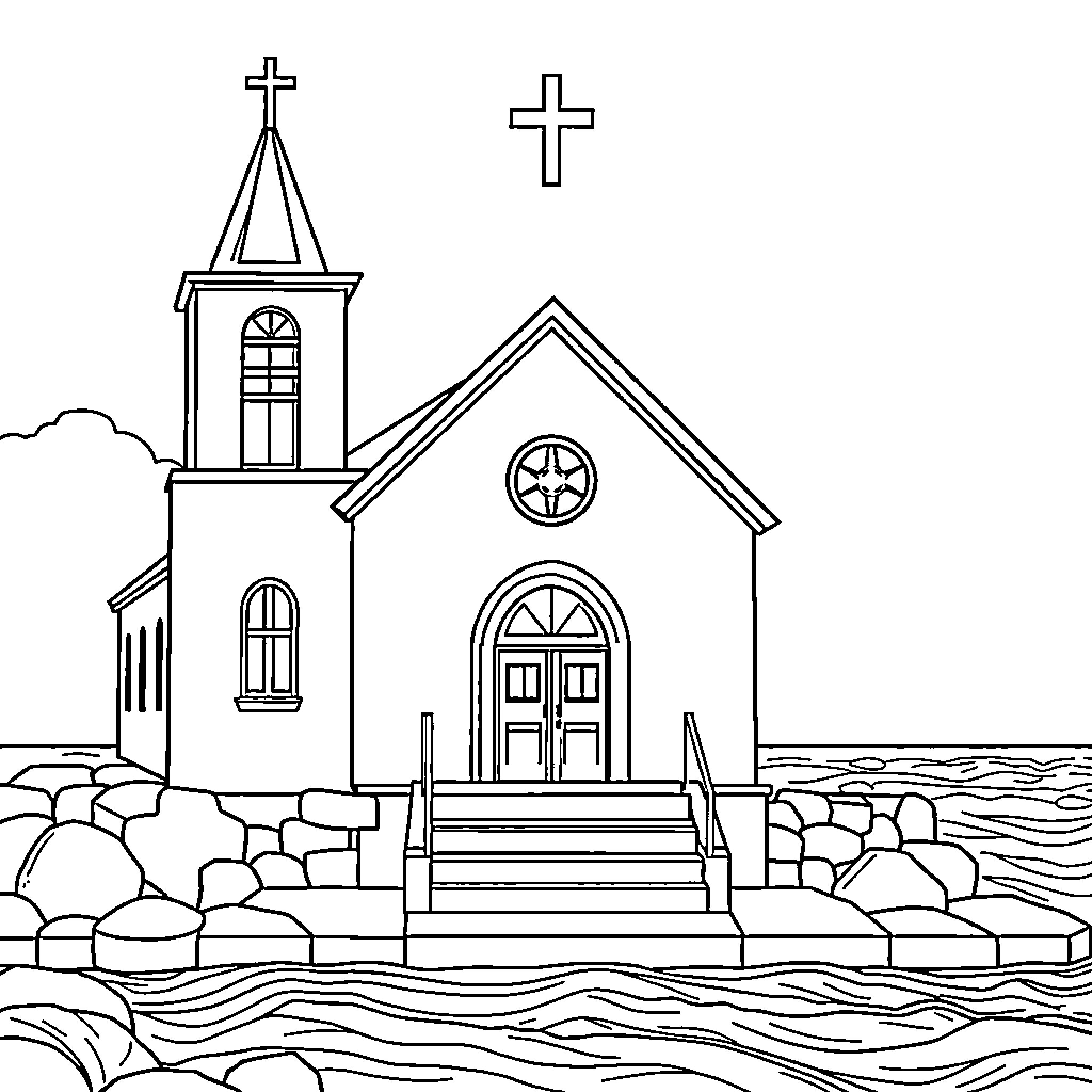 Church by the Shores Coloring Page (free black-and-white line drawing printable PDF for all, from beginners to advanced learners, including children, teens, adults, and seniors)