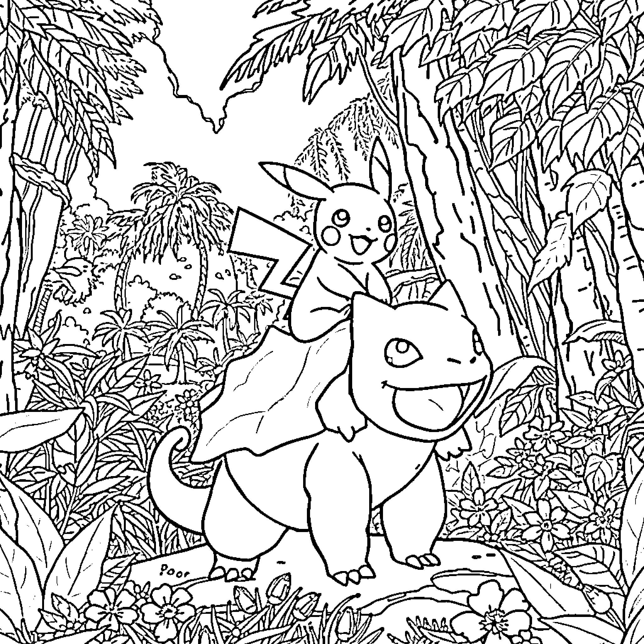 Pikachu exploring the lush jungle landscape Coloring Page (free black-and-white line drawing printable PDF for all, from beginners to advanced learners, including children, teens, adults, and seniors)