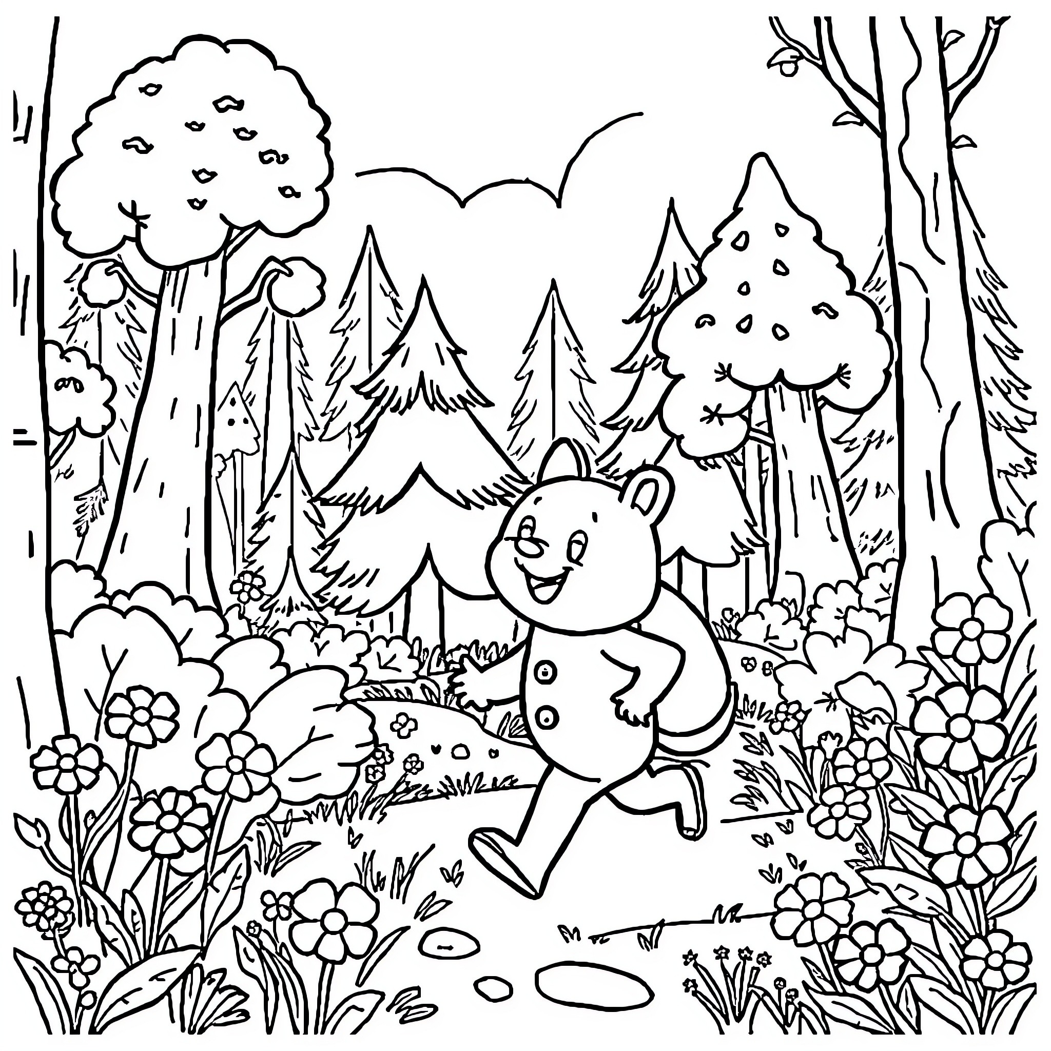 Little Red Riding Hood's cheerful walk through the forest Coloring Page (free black-and-white line drawing printable PDF for all, from beginners to advanced learners, including children, teens, adults, and seniors)