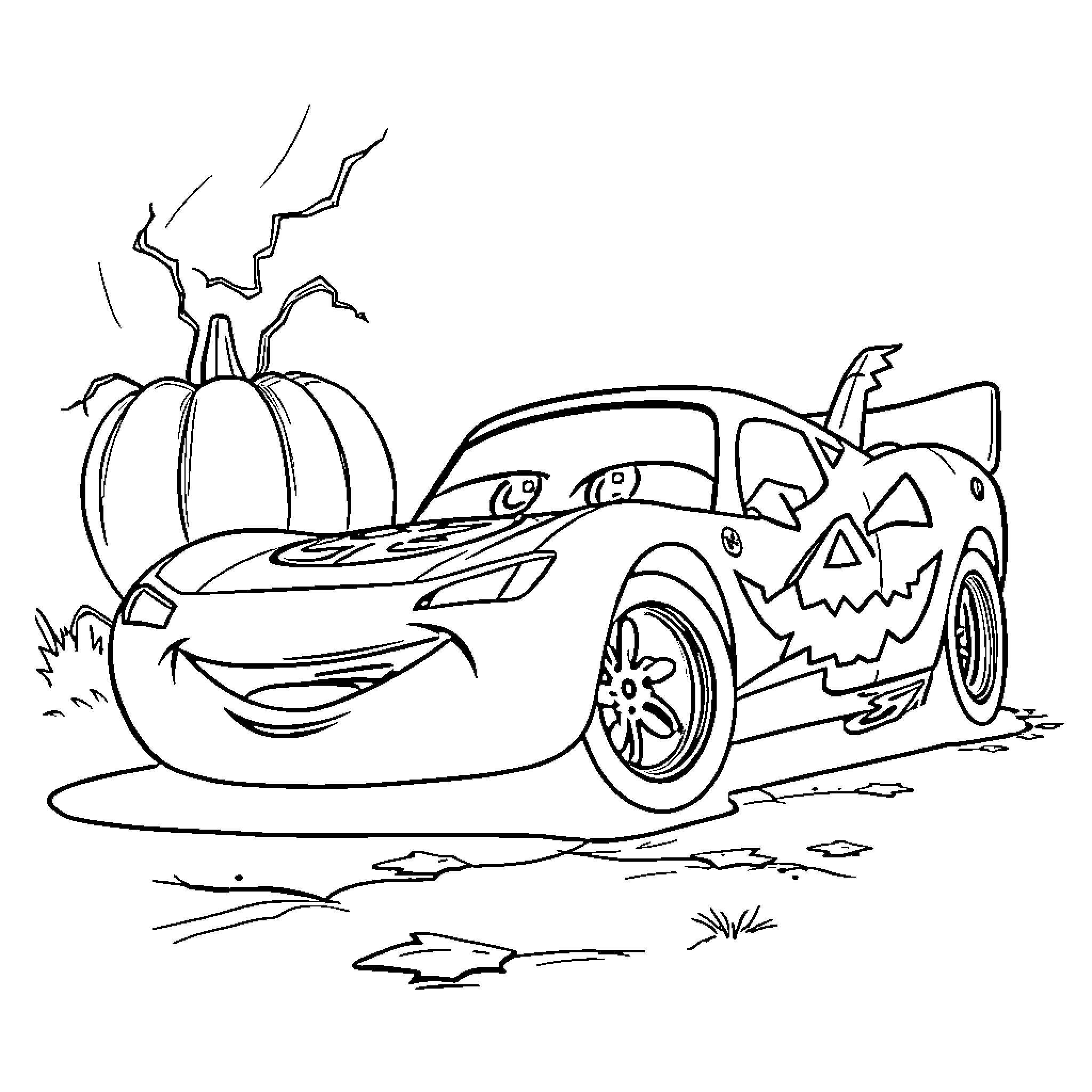 Lightning McQueen as a Halloween-themed race car Coloring Page (free black-and-white line drawing printable PDF for all, from beginners to advanced learners, including children, teens, adults, and seniors)