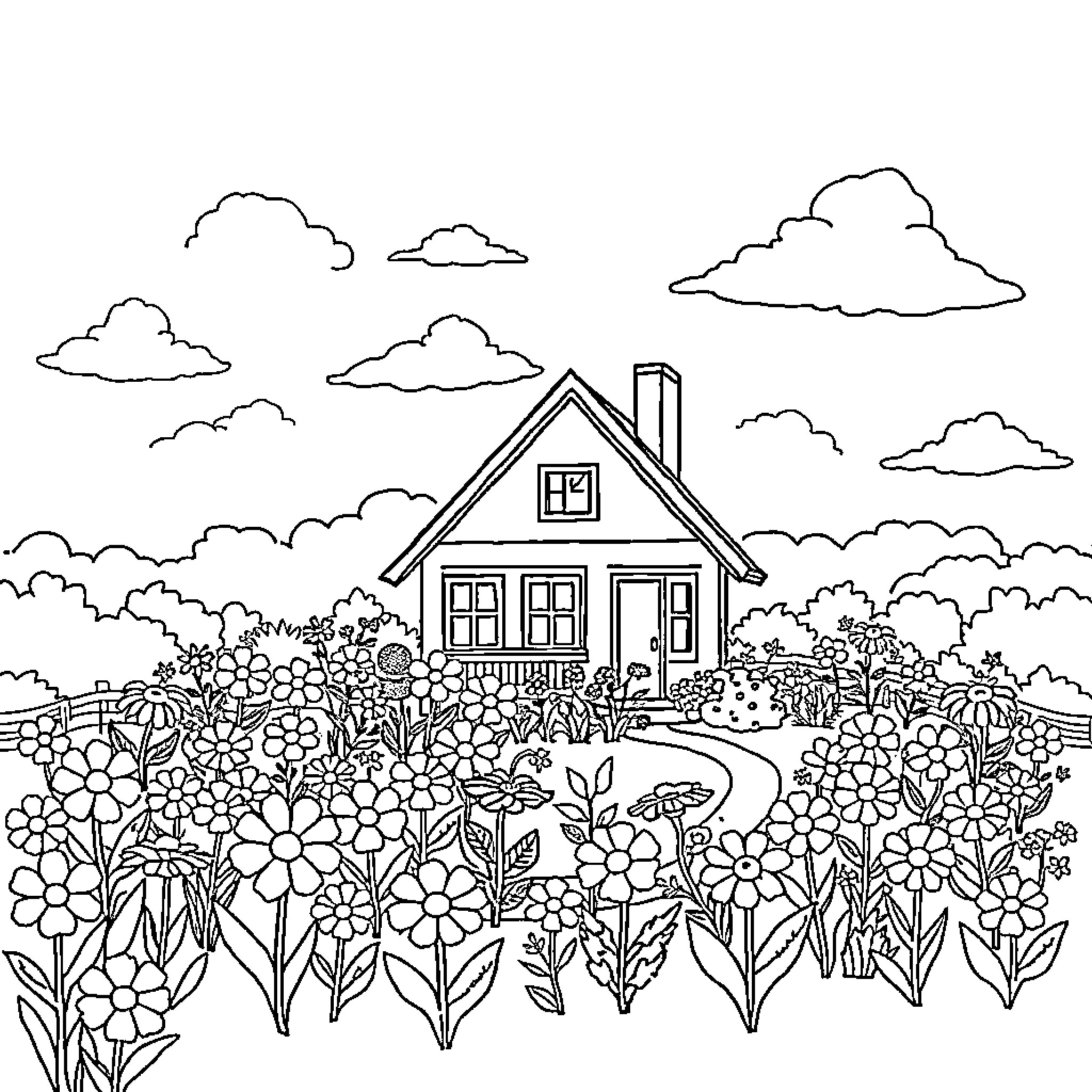 House surrounded by lush garden in the countryside Coloring Page (free black-and-white line drawing printable PDF for all, from beginners to advanced learners, including children, teens, adults, and seniors)