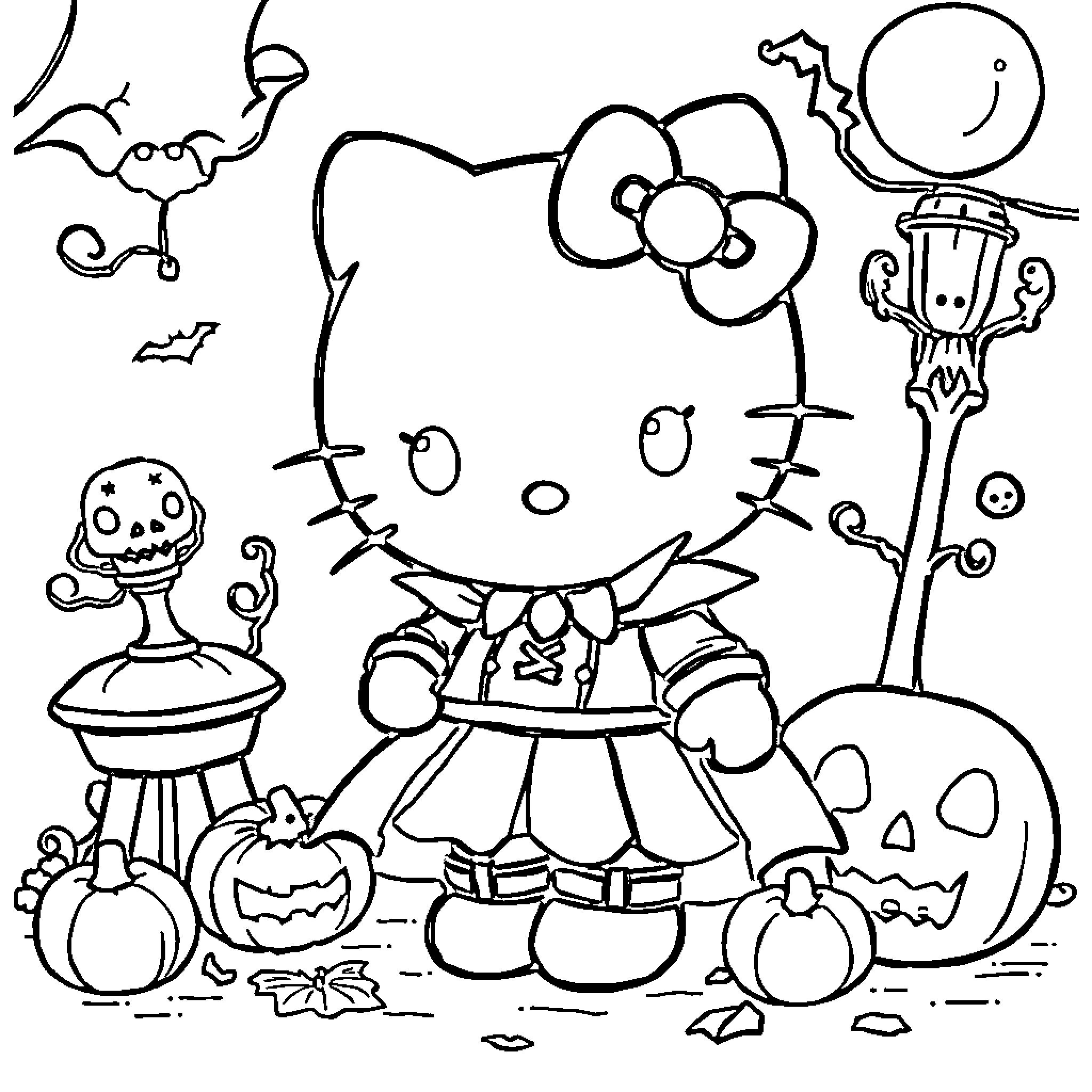 Hello Kitty's Spooky Halloween Adventure Coloring Page (free black-and-white line drawing printable PDF for all, from beginners to advanced learners, including children, teens, adults, and seniors)