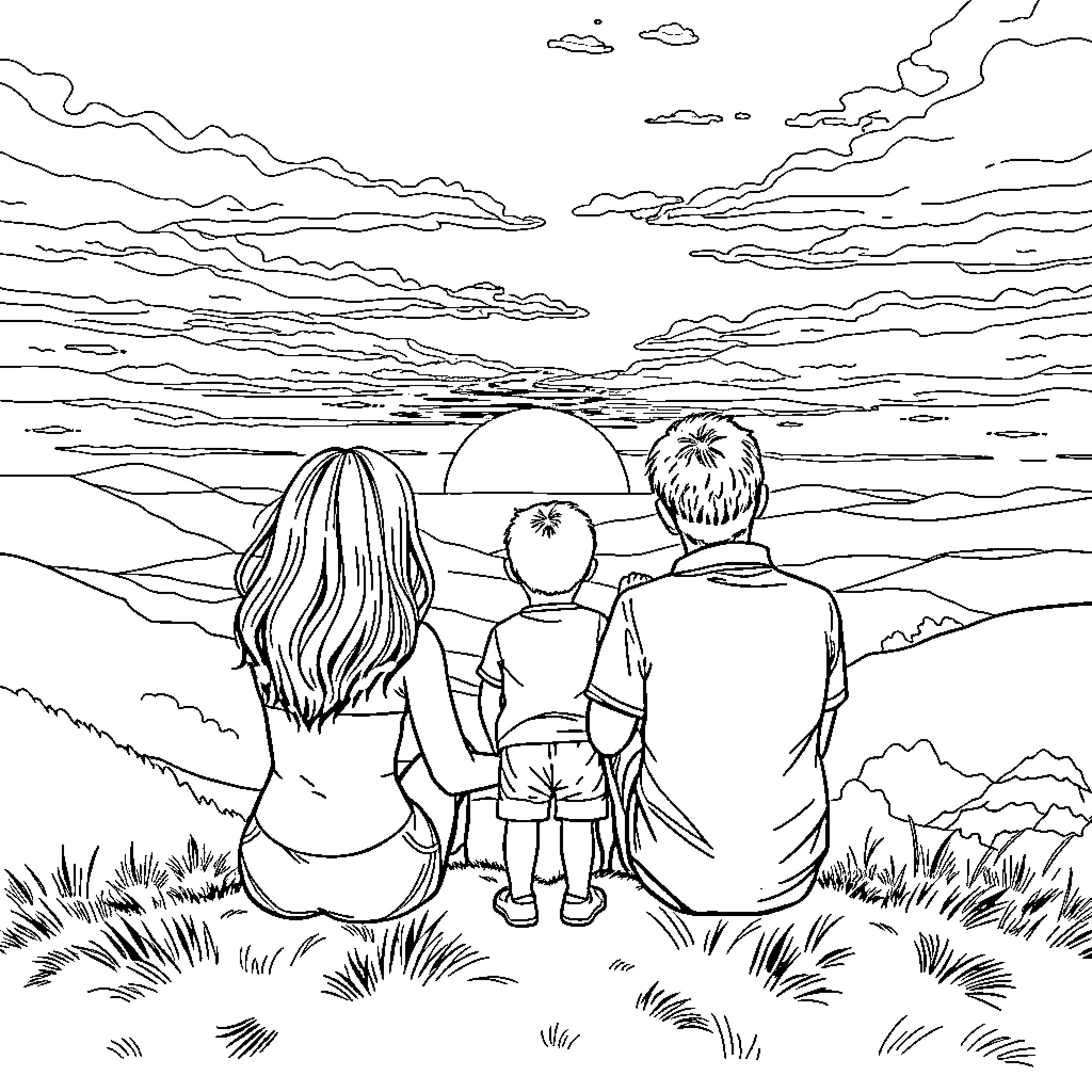 Family enjoying scenic sunset landscape Coloring Page (free black-and-white line drawing printable PDF for all, from beginners to advanced learners, including children, teens, adults, and seniors)