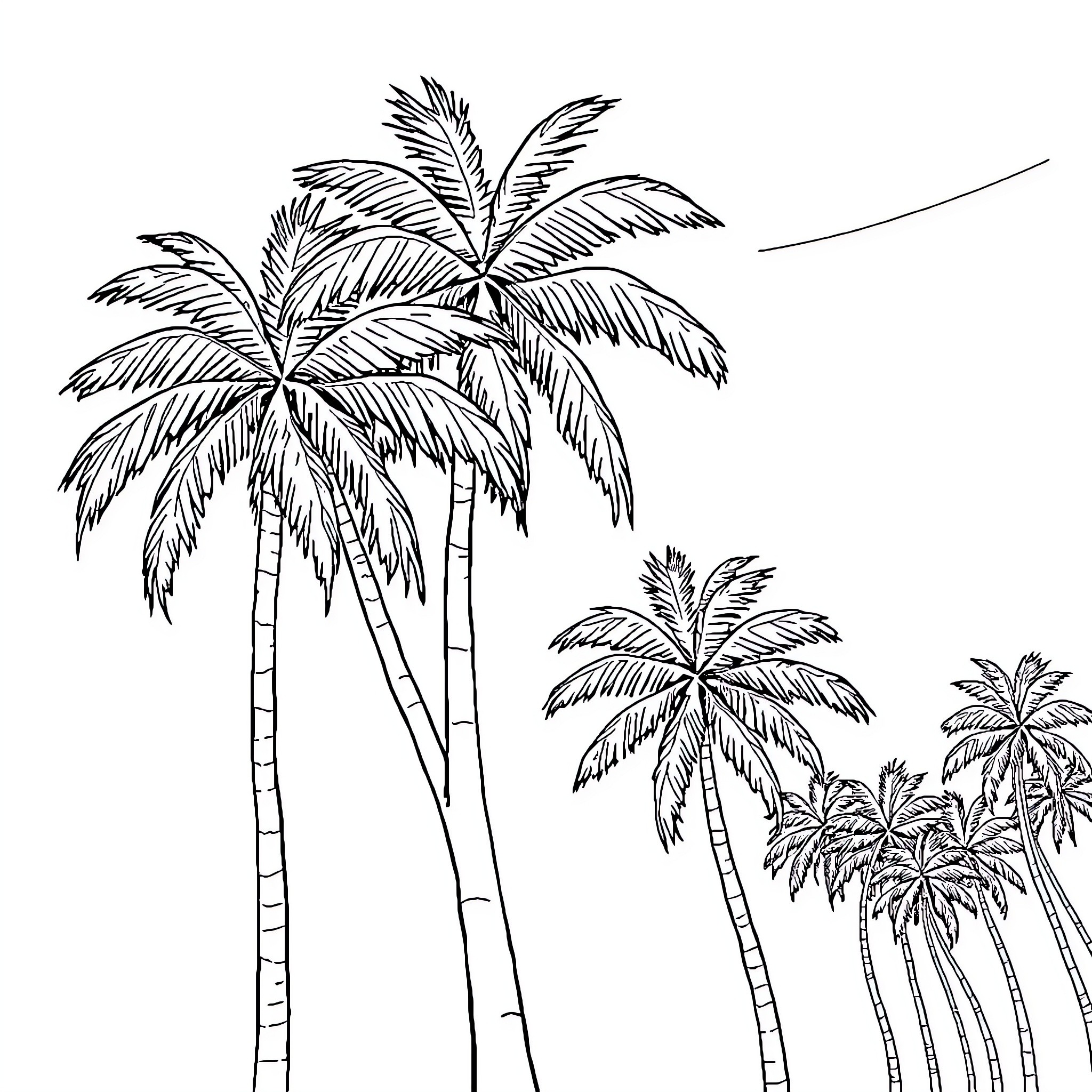 Palm Tree Silhouettes in a Tropical Landscape Coloring Page (free black-and-white line drawing printable PDF for all, from beginners to advanced learners, including children, teens, adults, and seniors)