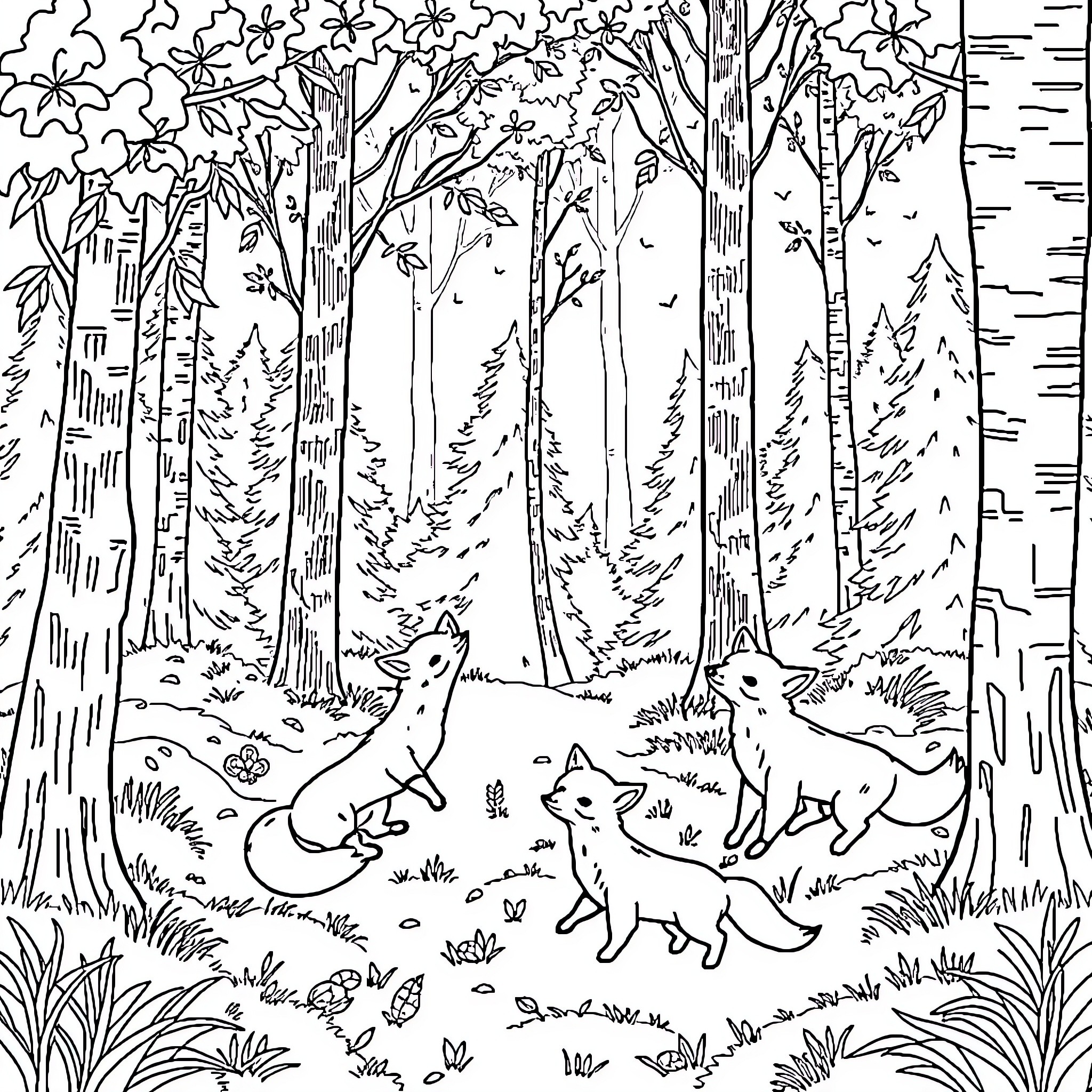 Fox Family in the Enchanted Forest Coloring Page (free black-and-white line drawing printable PDF for all, from beginners to advanced learners, including children, teens, adults, and seniors)