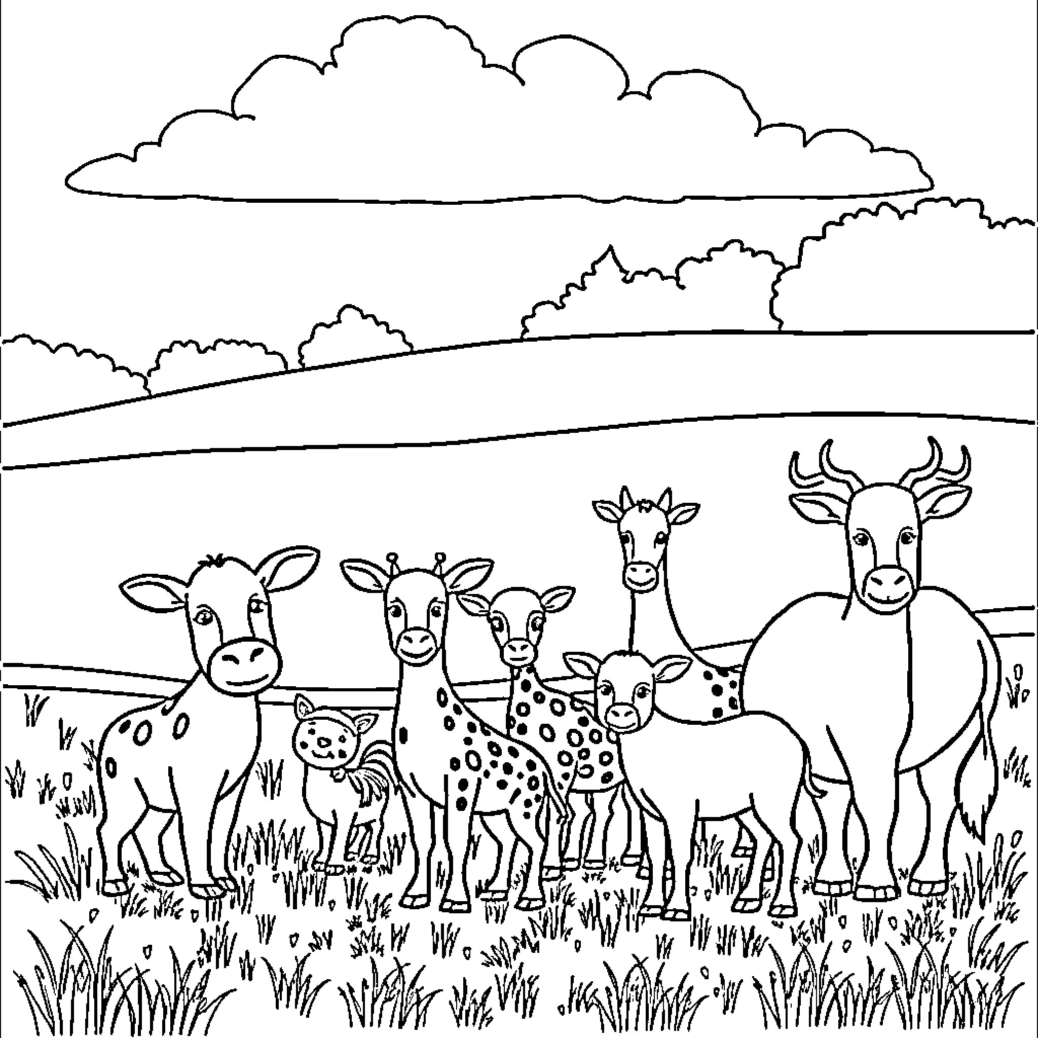 Animal herd enjoying peaceful countryside scene Coloring Page (free black-and-white line drawing printable PDF for all, from beginners to advanced learners, including children, teens, adults, and seniors)