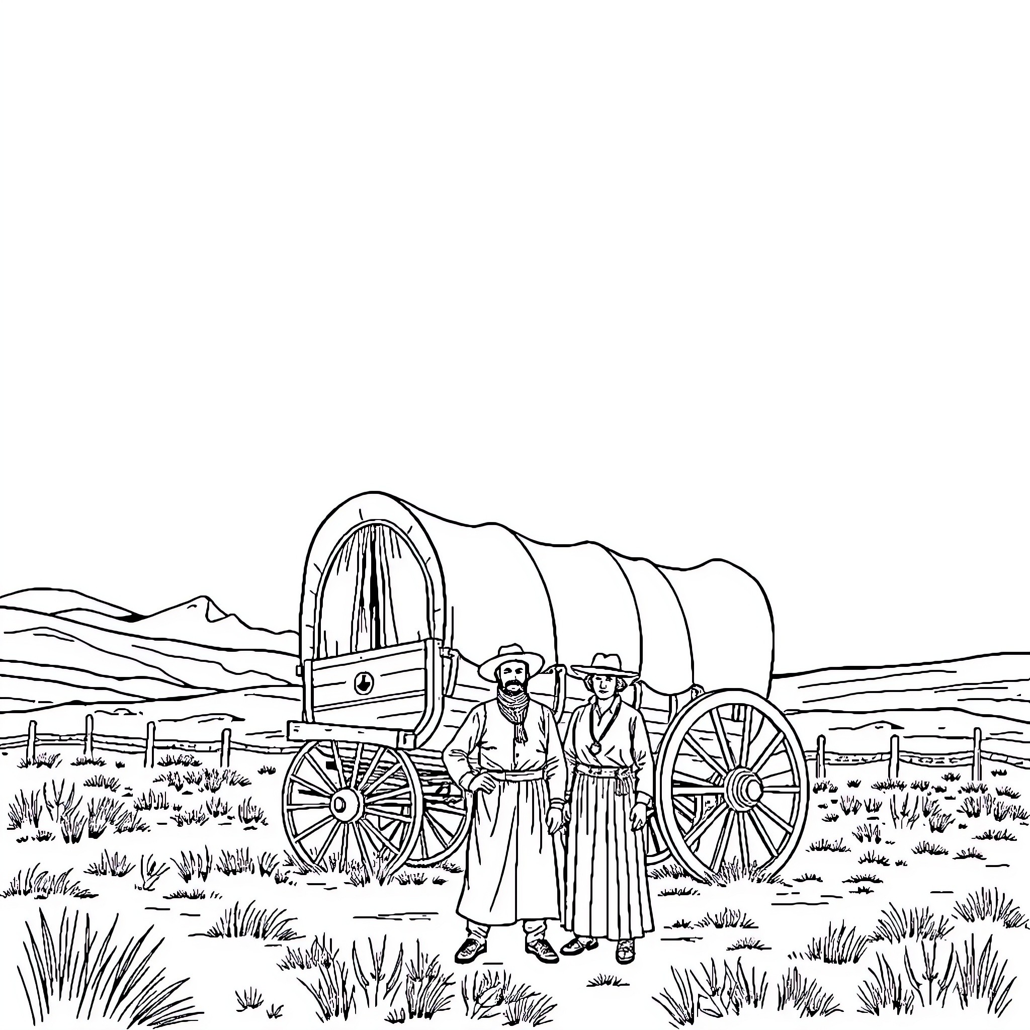 Pioneer Settlers Traveling in a Covered Wagon Coloring Page (free black-and-white line drawing printable PDF for all, from beginners to advanced learners, including children, teens, adults, and seniors)